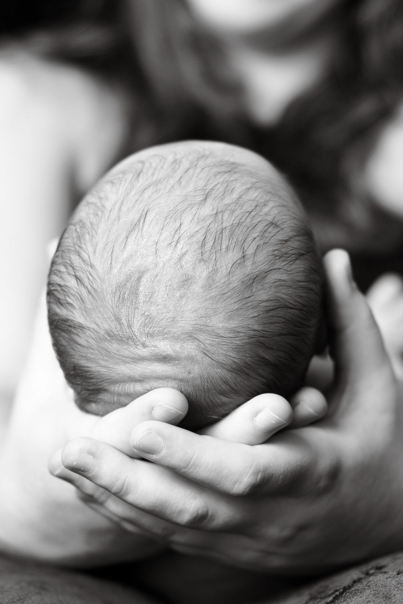 Black and white artistic series showing gentle hands cradling a newborn.