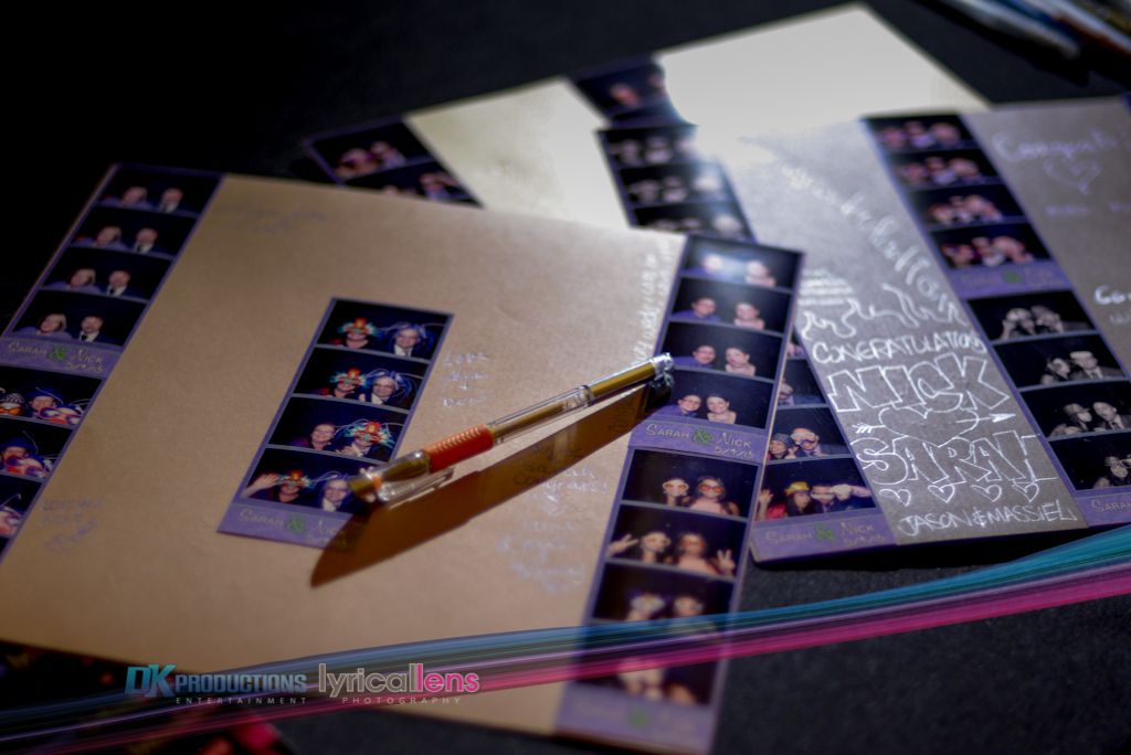 Collection of photo strips arranged on a dark surface showing party memories.