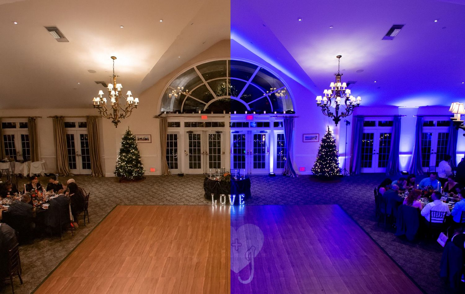 Elegant ballroom space with Christmas tree shown in normal and blue-lit evening lighting.