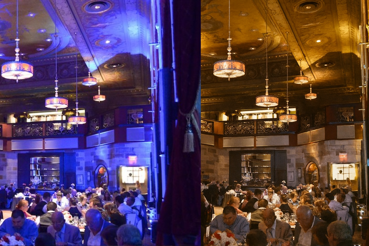 Crowded ballroom venue with contrasting blue and amber lighting effects.