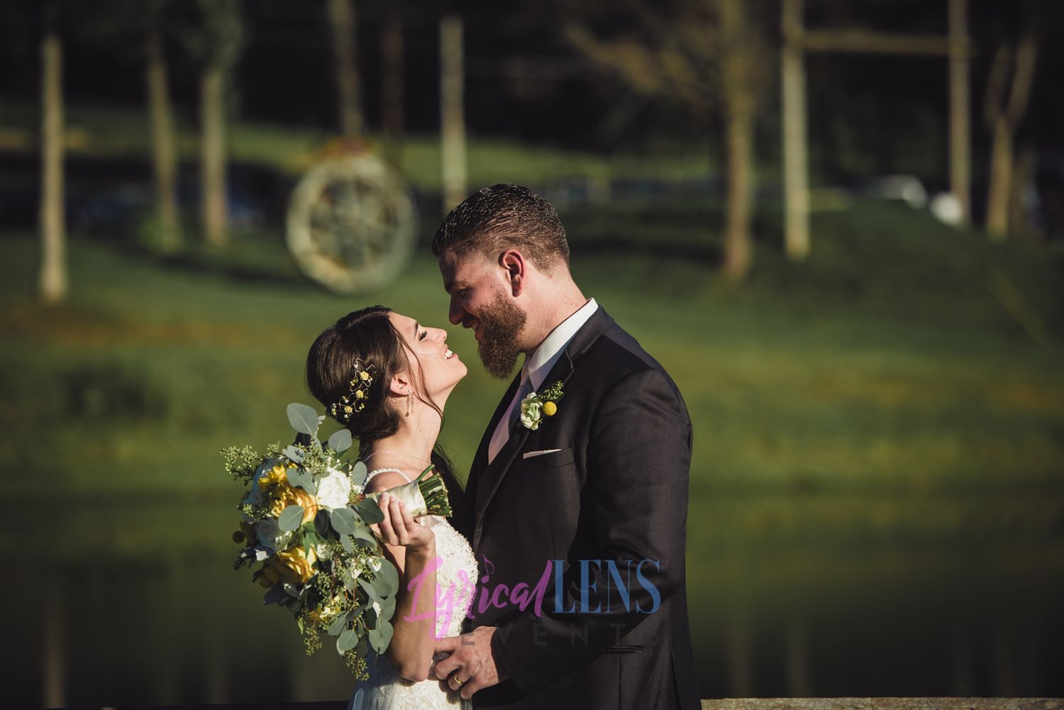 Romantic outdoor wedding portraits with natural greenery in the background.