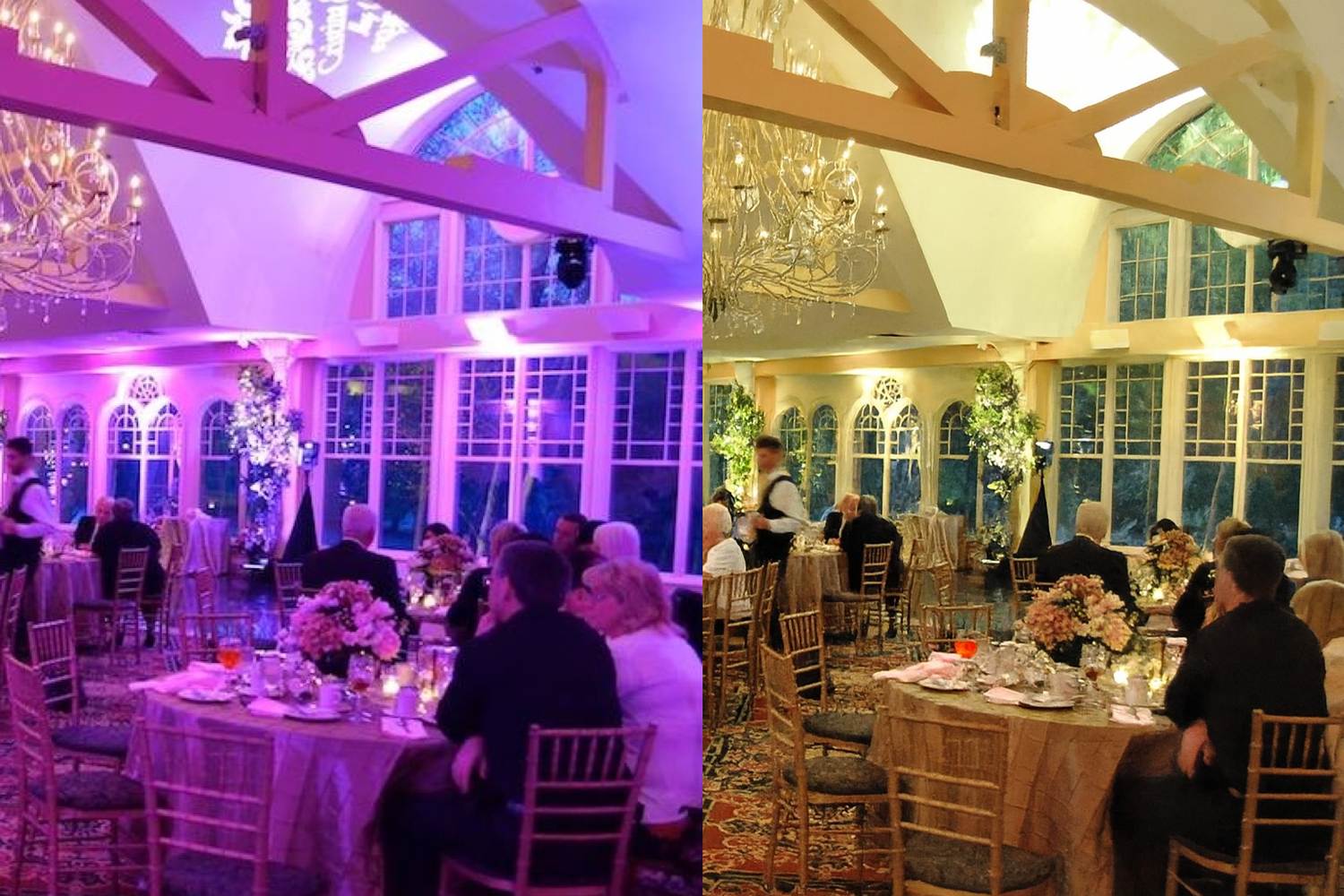 Wedding reception venue with elegant table settings shown in contrasting purple and warm lighting.