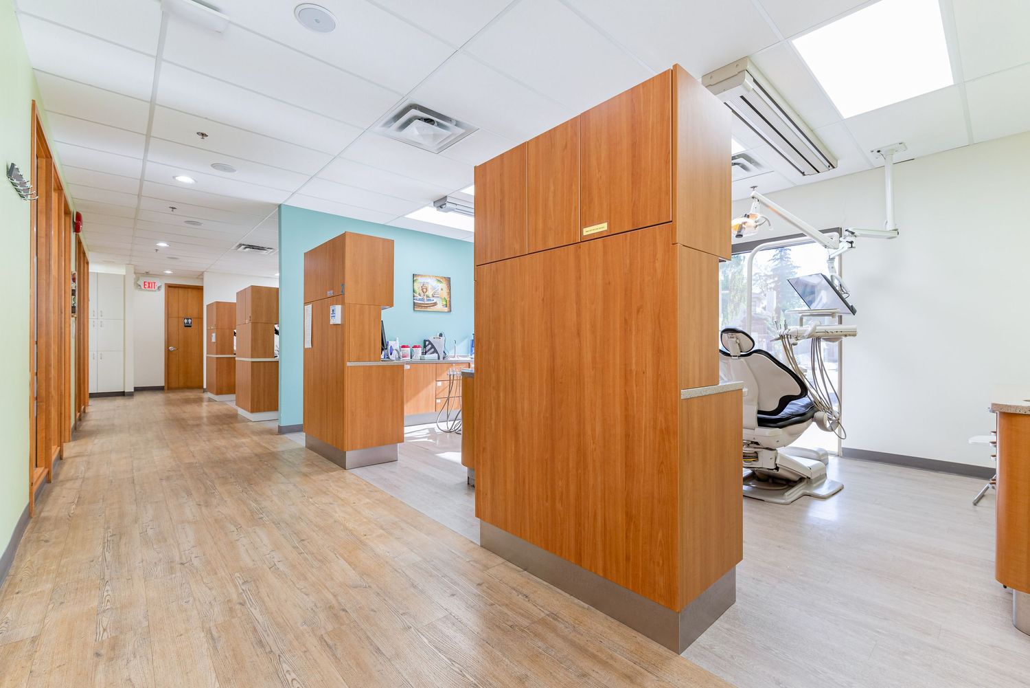 Contemporary dental office corridor with light wood finishes and bright fluorescent lighting.