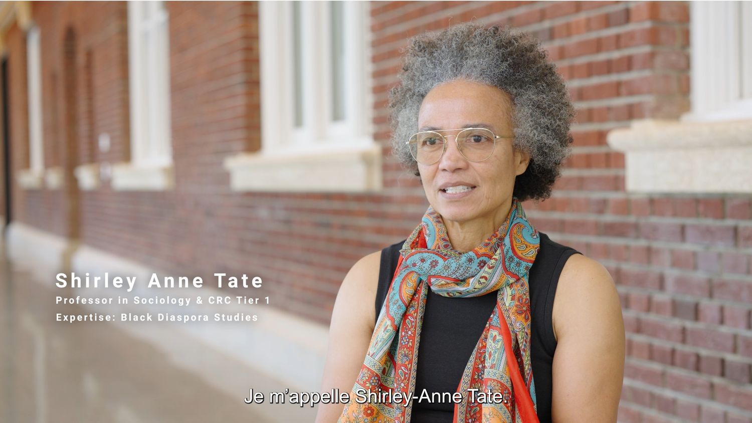 Academic professional speaking in interview setting with brick building background.