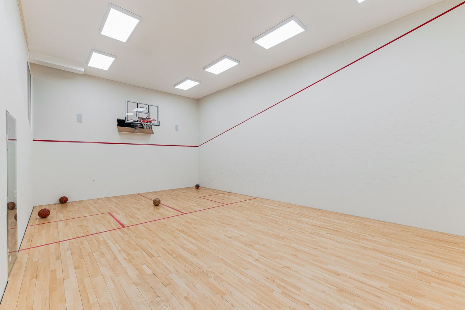 Indoor racquetball and basketball court with hardwood floors, white walls, red boundary lines, and overhead skylights.