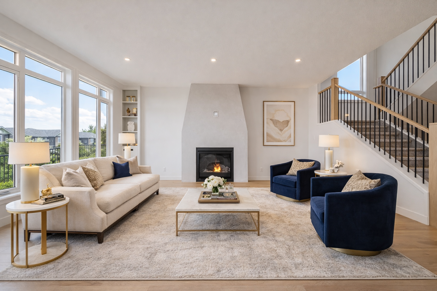 Elegant living room with beige sofa, navy blue chairs, gold accents, fireplace, hardwood floors, and large windows.