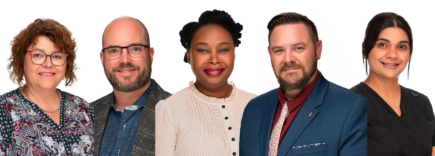 Professional headshots of five diverse team members against a white background.