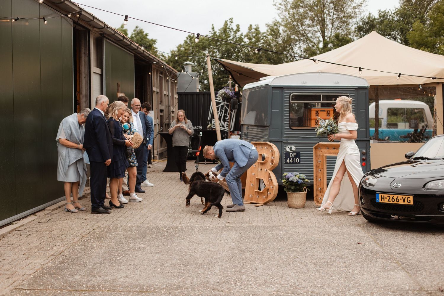 Wedding guests gathered outside with vintage vehicles and casual outdoor reception setup.
