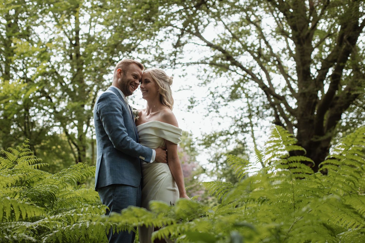 A romantic moment captured between a couple among lush green ferns in a forest setting.