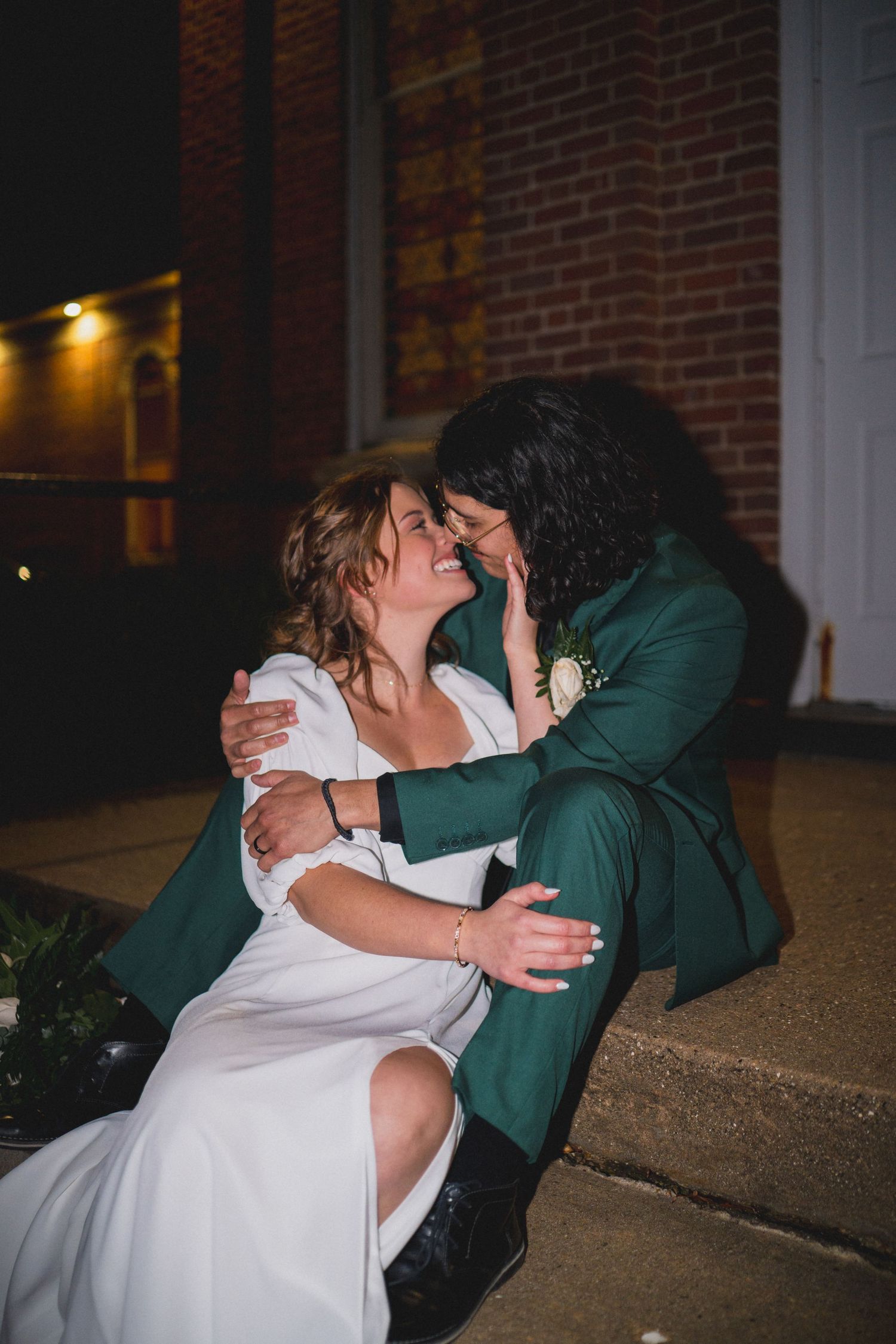 Romantic wedding photography sequence showing tender moments outside brick church building.