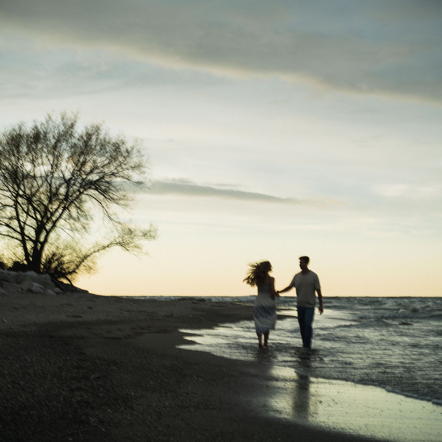 Silhouette of couple holding hands walking along beach at sunset near bare tree by water.