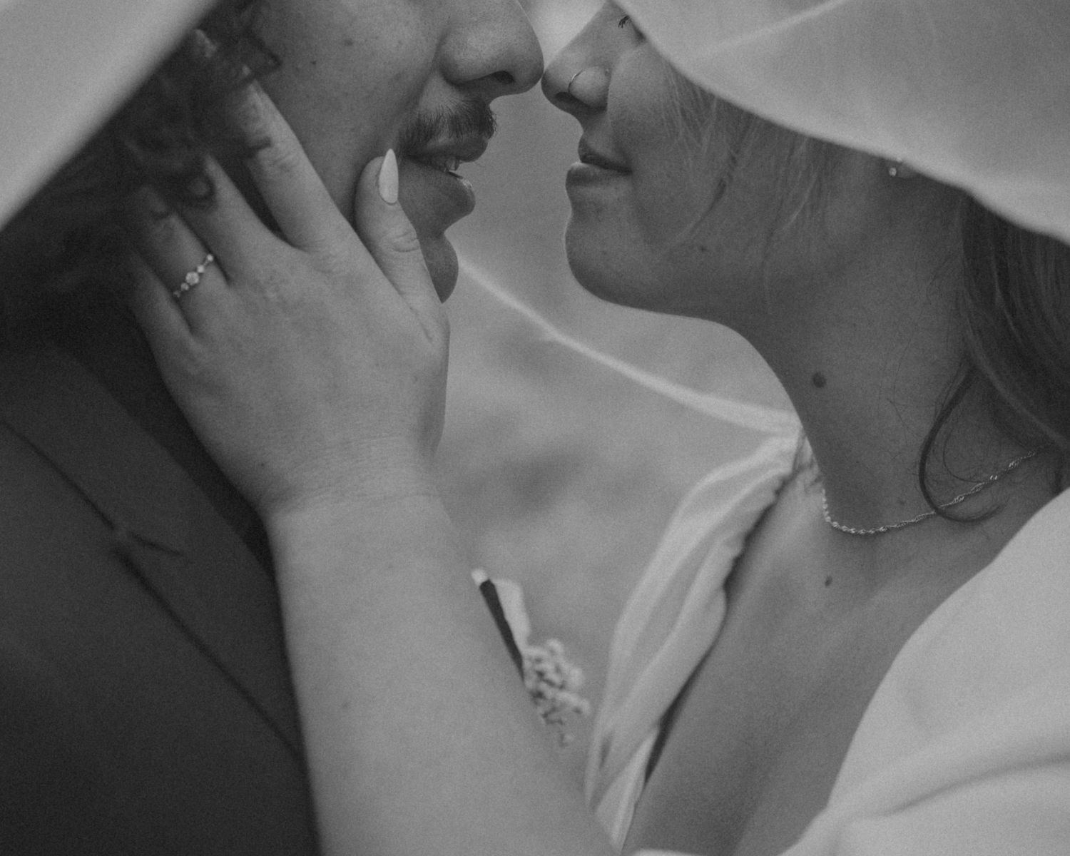 Black and white close-up of a tender wedding moment under a delicate veil.