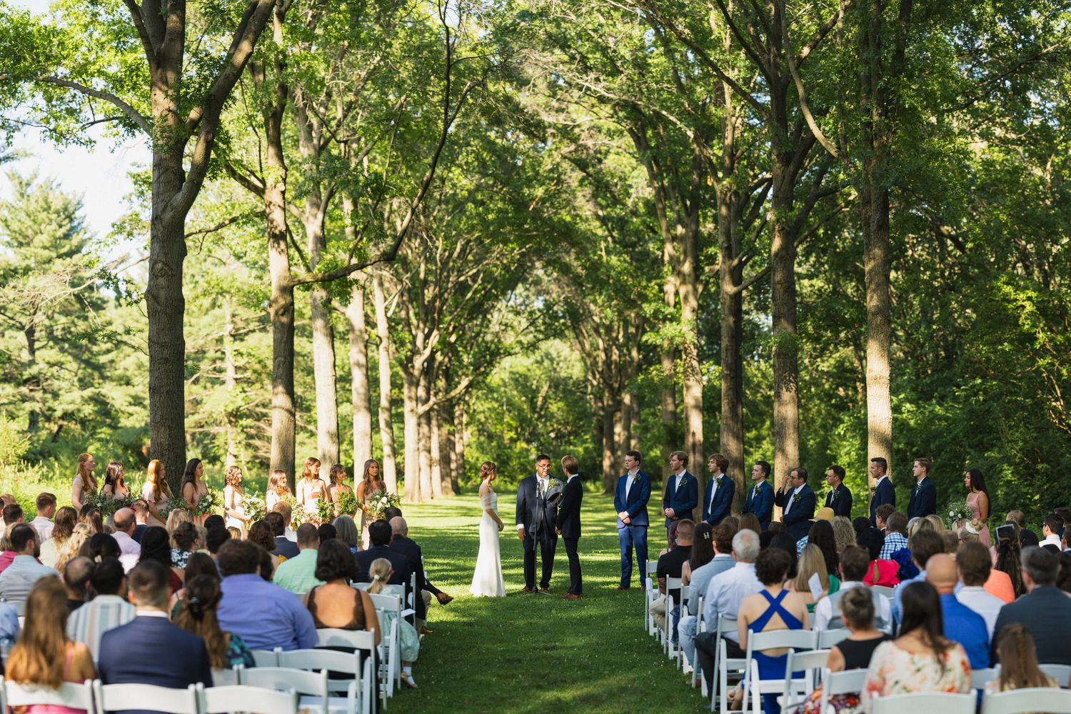 Outdoor wedding ceremony with guests seated in white chairs along tree-lined aisle in sunlight.