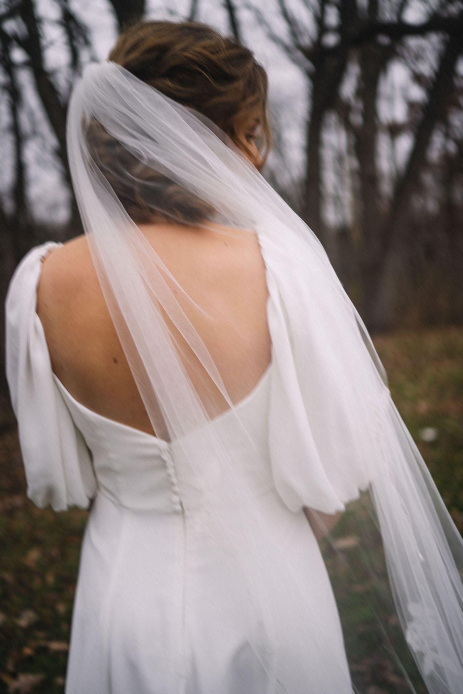 Back view of a bride's white dress with puff sleeves and flowing veil against bare winter trees.