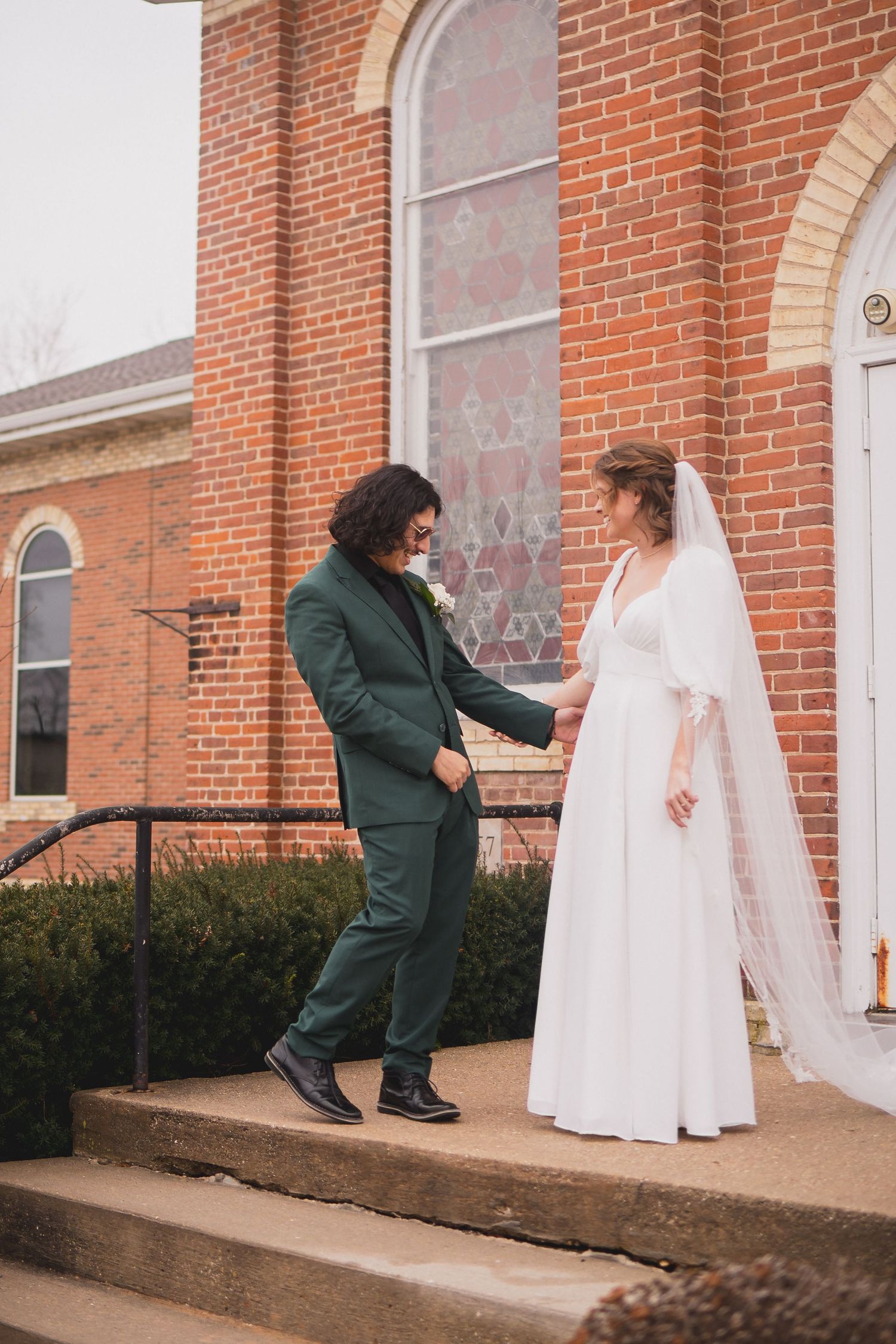 A series of candid wedding photos showing a couple interacting near a church doorway.