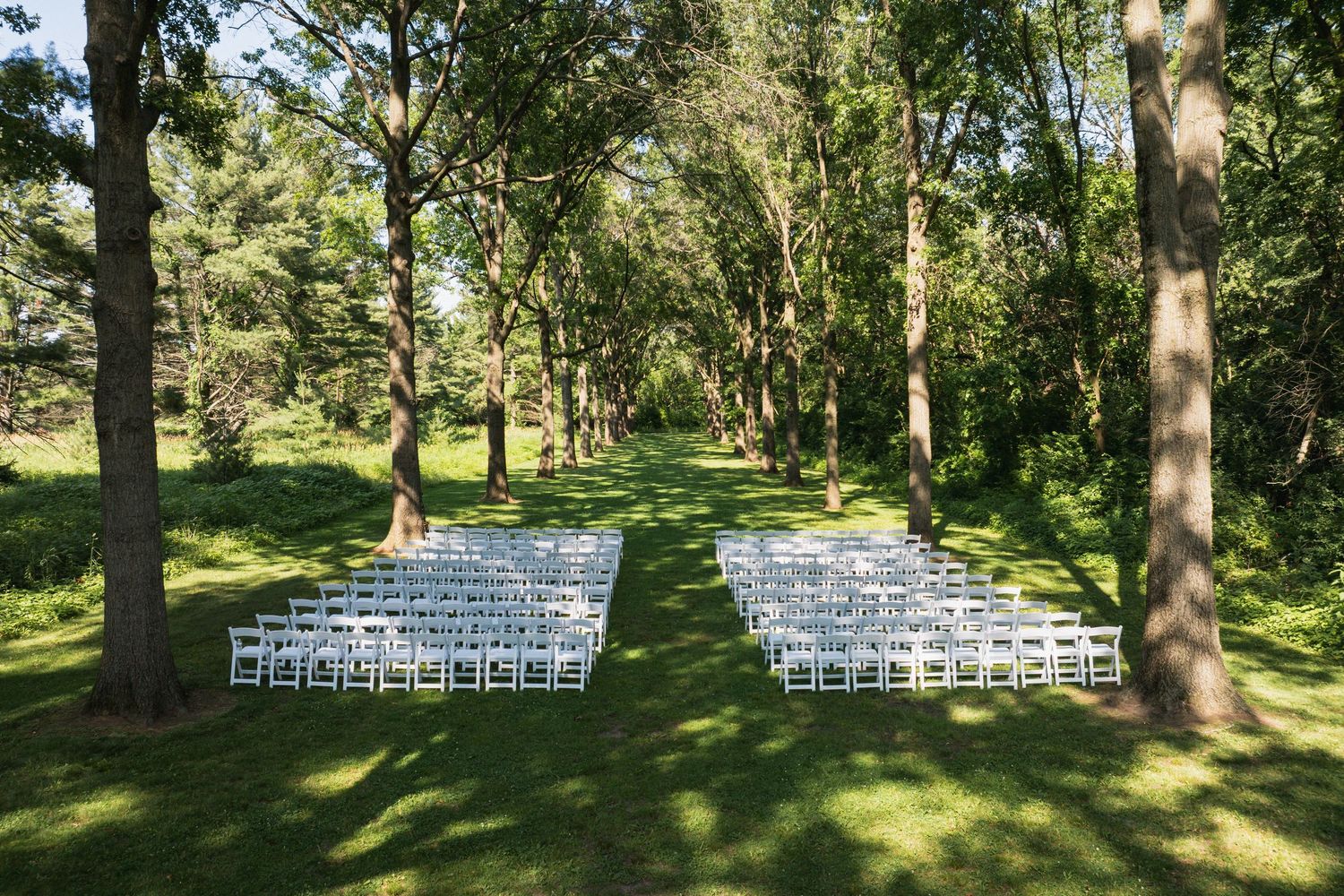 Rows of white chairs set up for an outdoor wedding ceremony in a sunlit wooded grove.