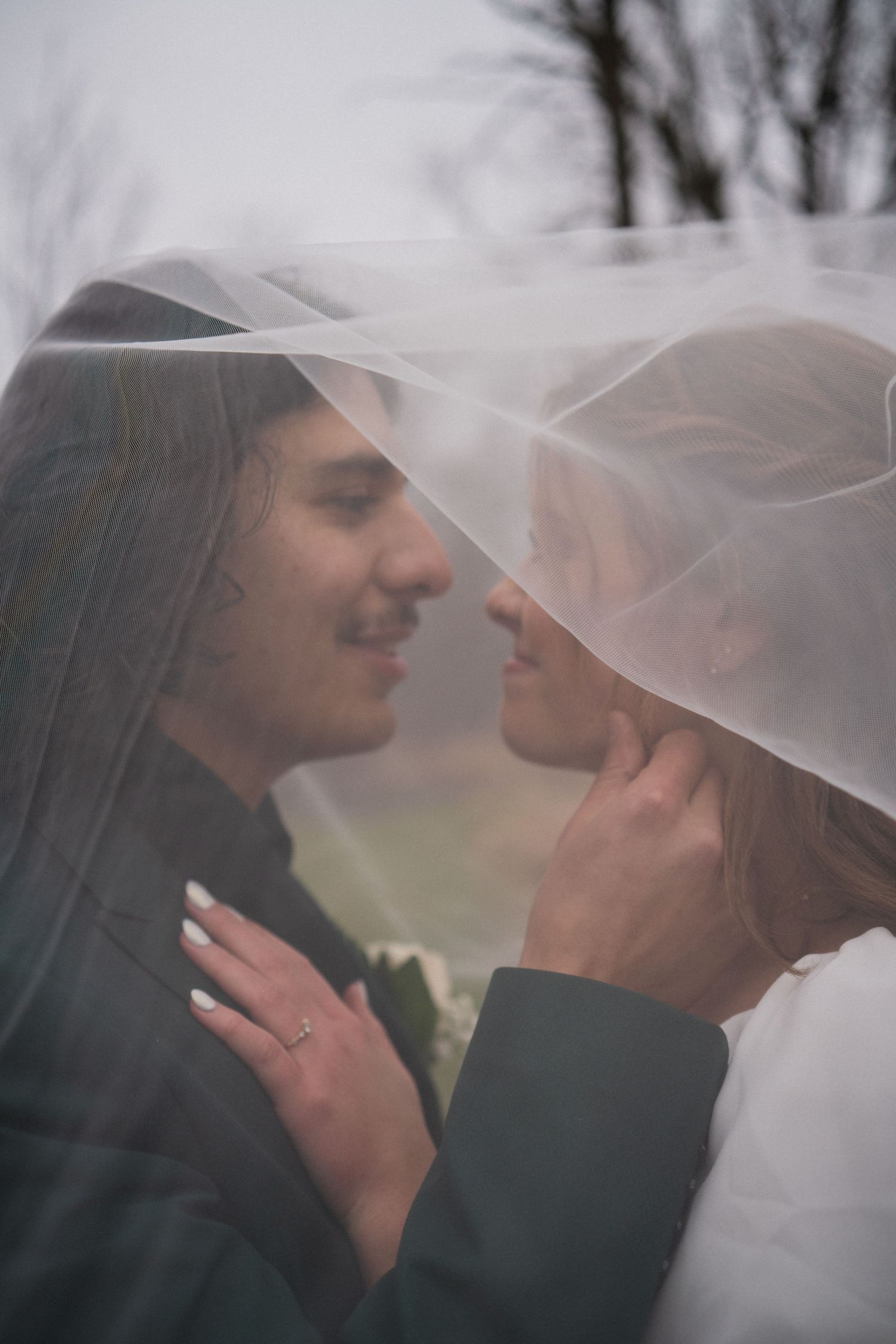 An intimate wedding portrait through a sheer veil with bare winter trees in the background.