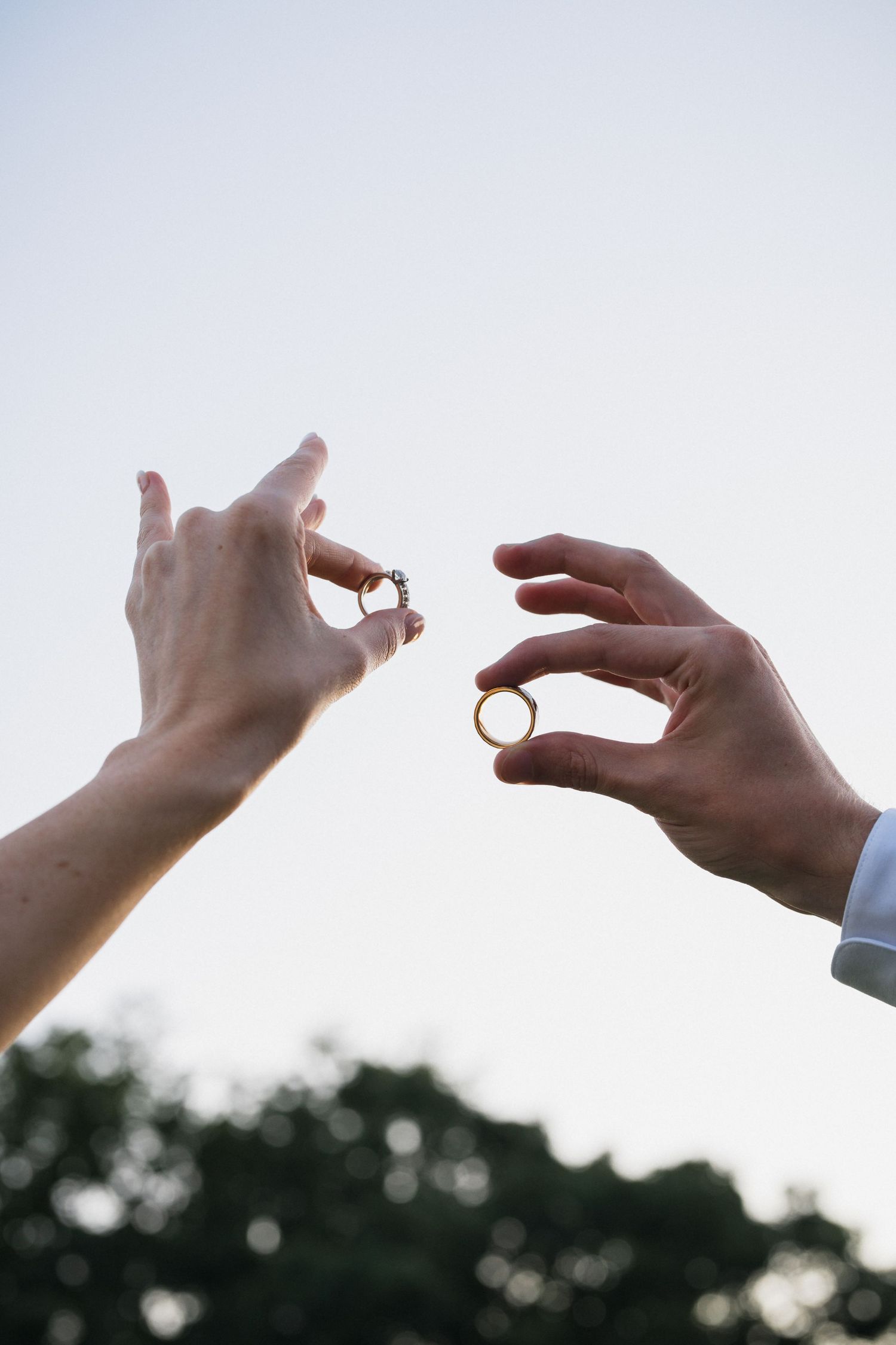 Two hands reach out against a blurred outdoor background as one offers a ring to the other in a romantic proposal moment.