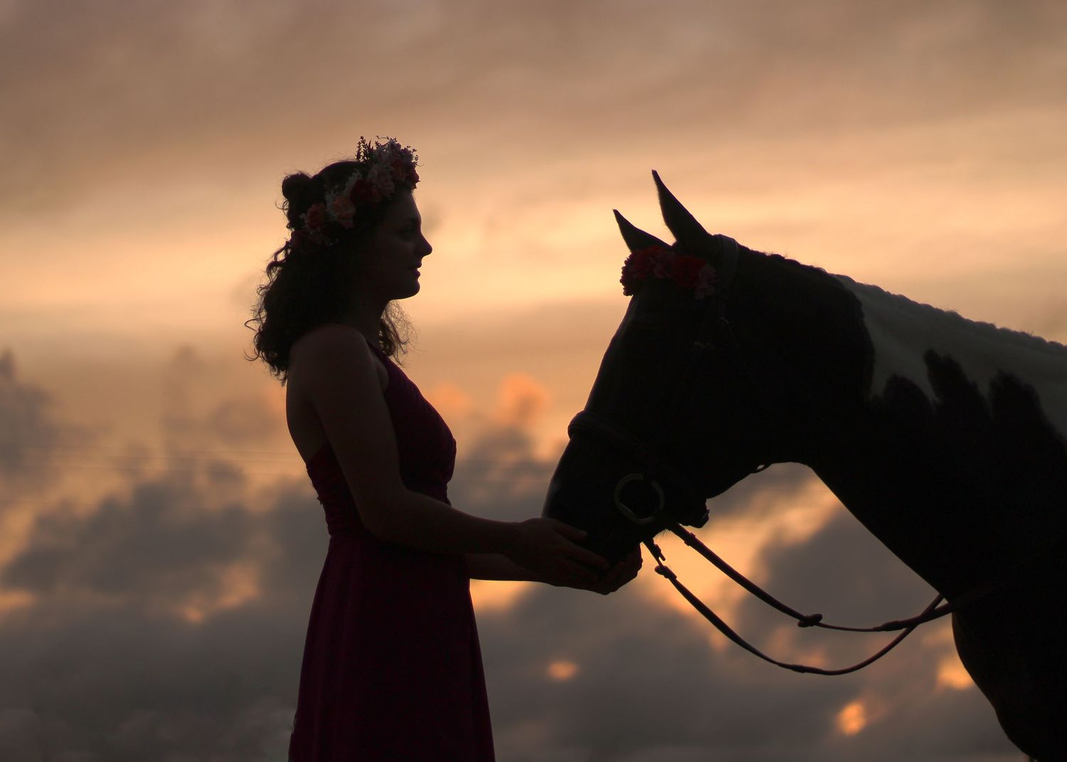 Horse and rider standing together at sunset in Northwest Florida