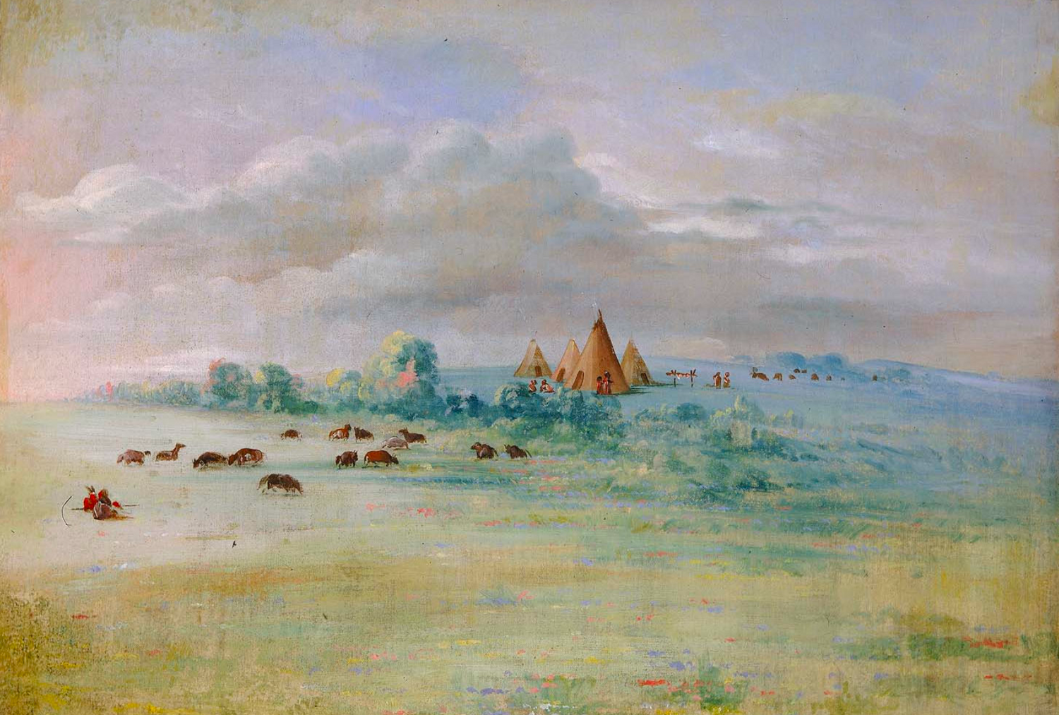 “Sioux Village, Lake Calhoun, near Fort Snelling” by George Catlin, an admirer of the Dakota people. Dakota Chief Cloud Man’s village was here. 1835-1835 Cloud Man (Mahpiya Wicasta) founded this agricultural community, Heyate Otuŋwe, in 1829 after being trapped in a snowstorm for three days. He wanted to try the “white man’s way” of farming.