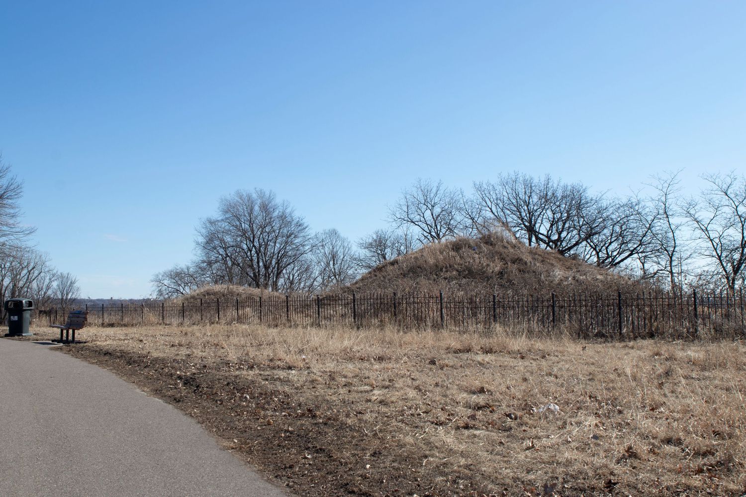 Present day Indian Mound Park, St. Paul. The mounds are now protected by fencing, and signs noting their deep significance to the Upper Sioux Community, Lower Sioux Community, Shakopee Mdewakanton Sioux Community, Prairie Island Indian Community, Ho-Chunk Nation of Wisconsin, Iowa Tribe of Kansas and Nebraska, Sisseton-Wahpeton Oyate, and other descendants of those who are buried here.