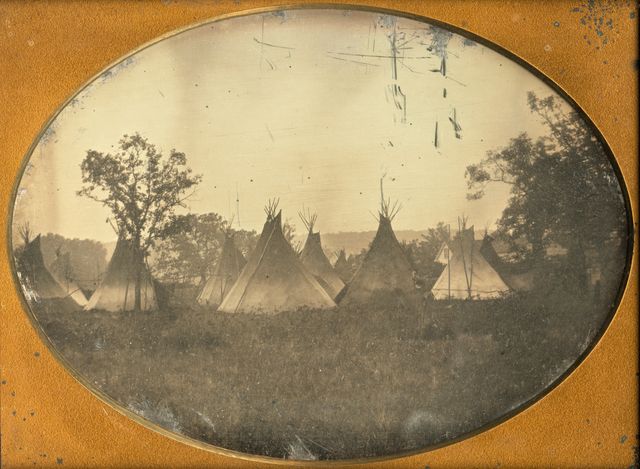 Tepees in Bridge Square, Minneapolis, 1852 (also referred to as Tipis Near Colonel Stevens’ House). Daguerrotype by Tallmadge Elwell.
