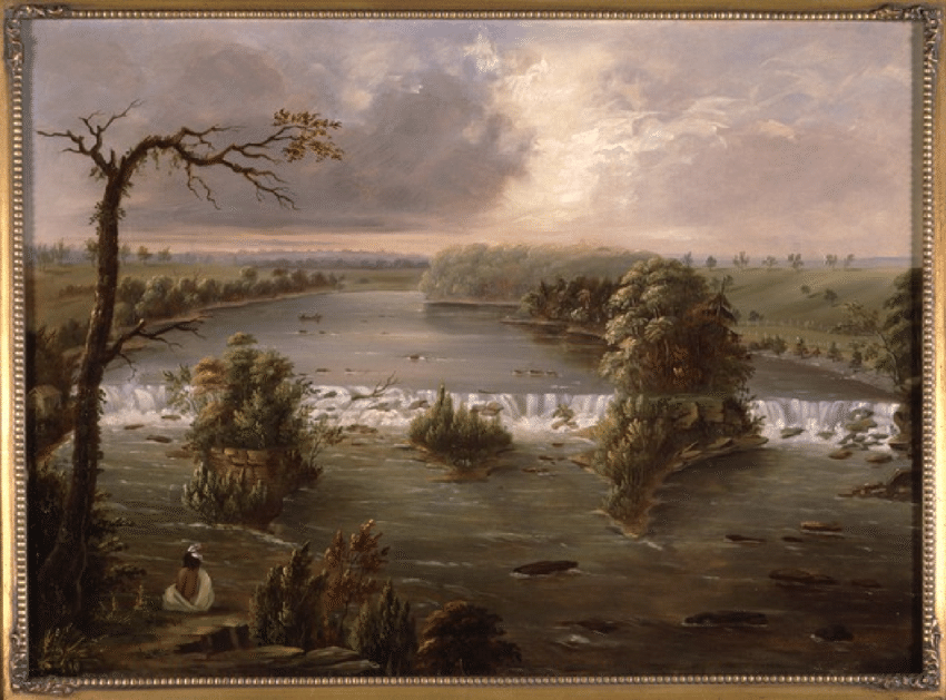 St. Anthony Falls on the upper Mississippi, by Henry Lewis, 1848-1849. People have gathered at the Falls for thousands of years. The Falls (Owamni yomni in Dakota) represent a power you can see, hear, smell, and feel, which inspired stories and rituals as it drew people to its shores.