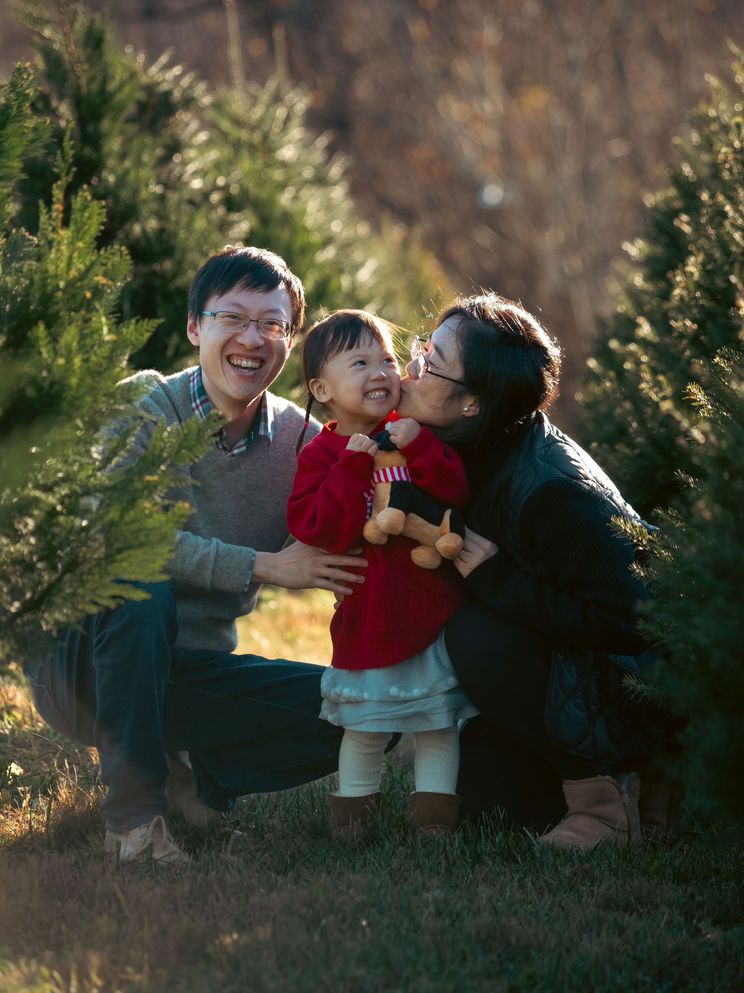 Happy Asian family with toddler daughter shares a joyful moment among evergreen trees at a Christmas tree farm.