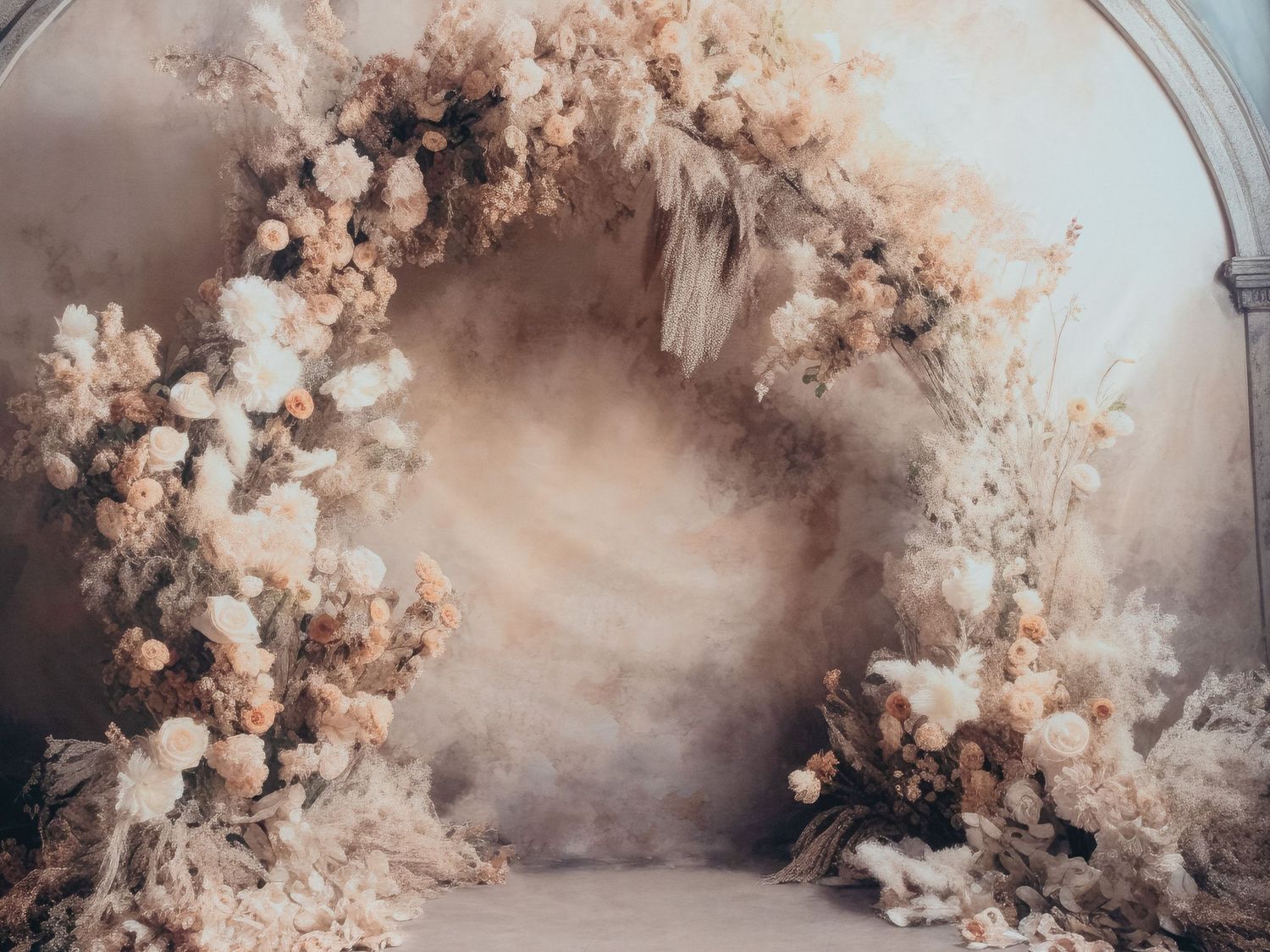 Elegant circular floral arch with soft peach and white dried flowers against a dreamy neutral backdrop.