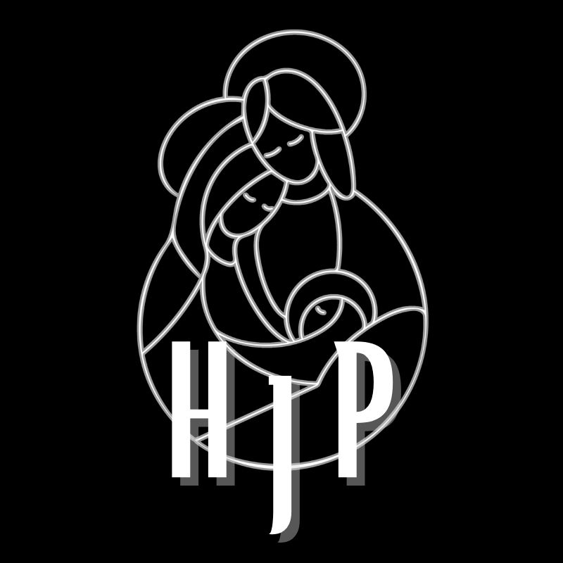 Holy Trinity Parish logo featuring a minimalist line art of the Virgin Mary cradling baby Jesus with HTP monogram.