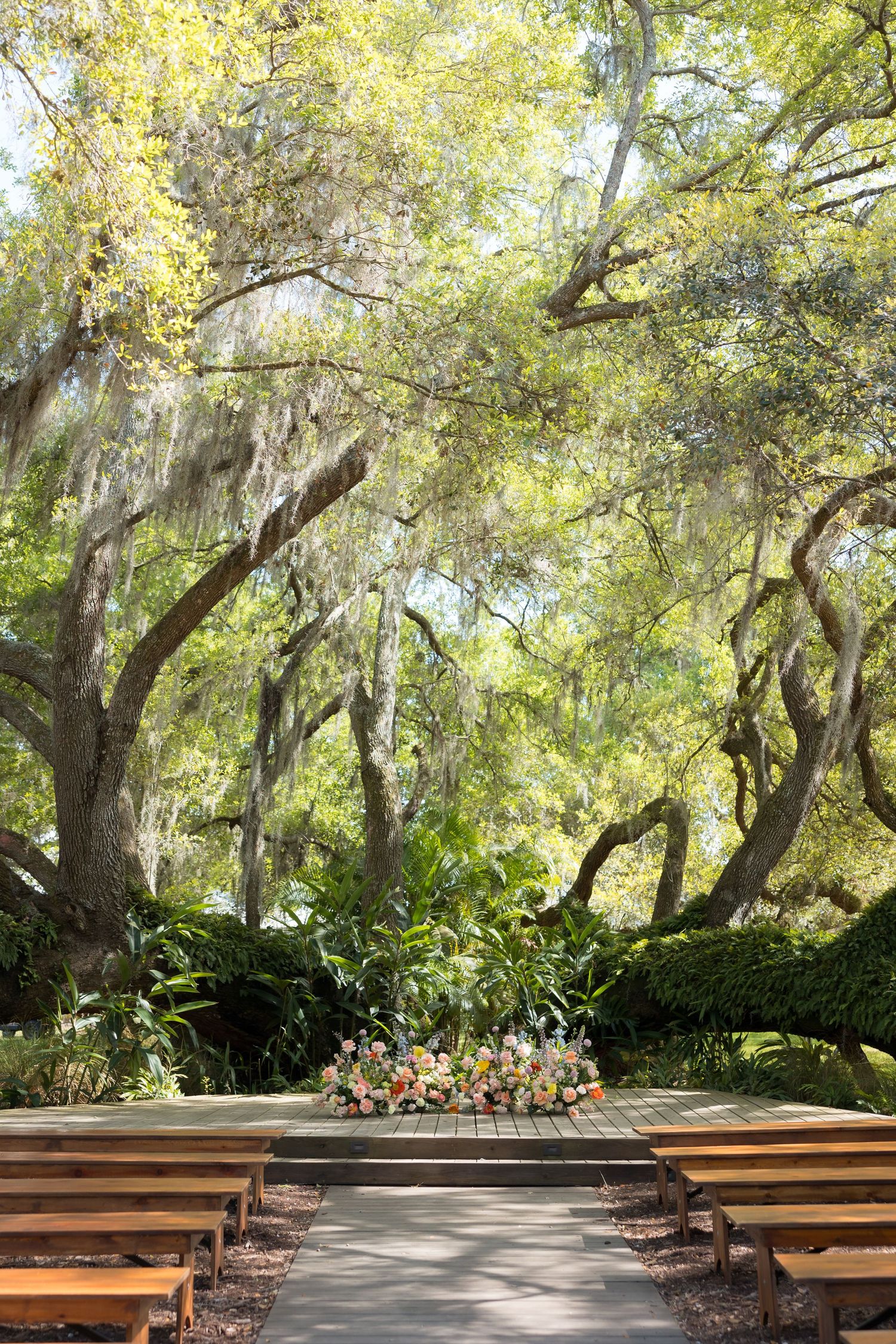 Outdoor wedding ceremony venue with wooden benches, a floral altar, and Spanish moss-draped oak trees.