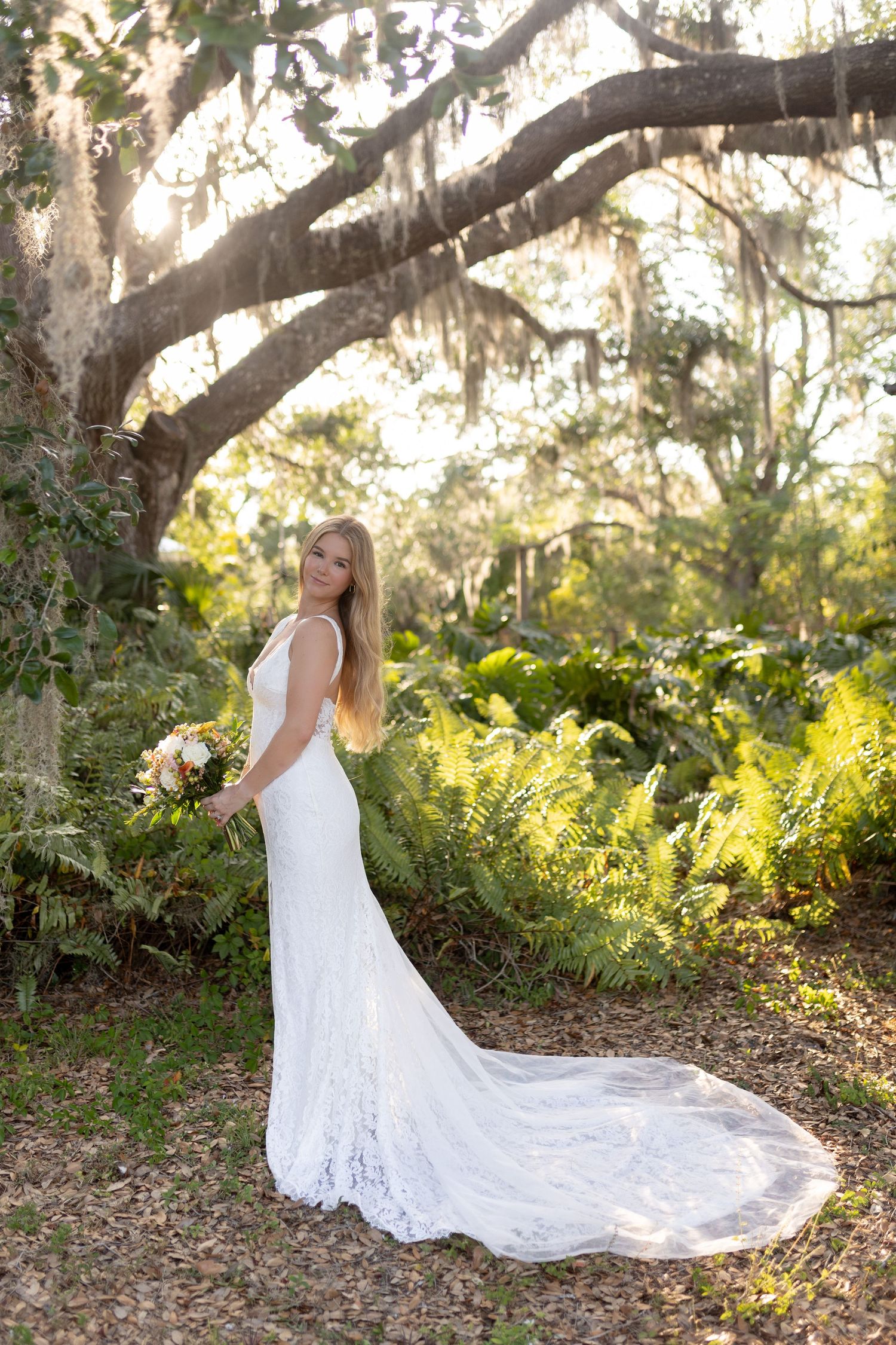 Bride in fitted white lace gown with train standing under Spanish moss draped oak tree.