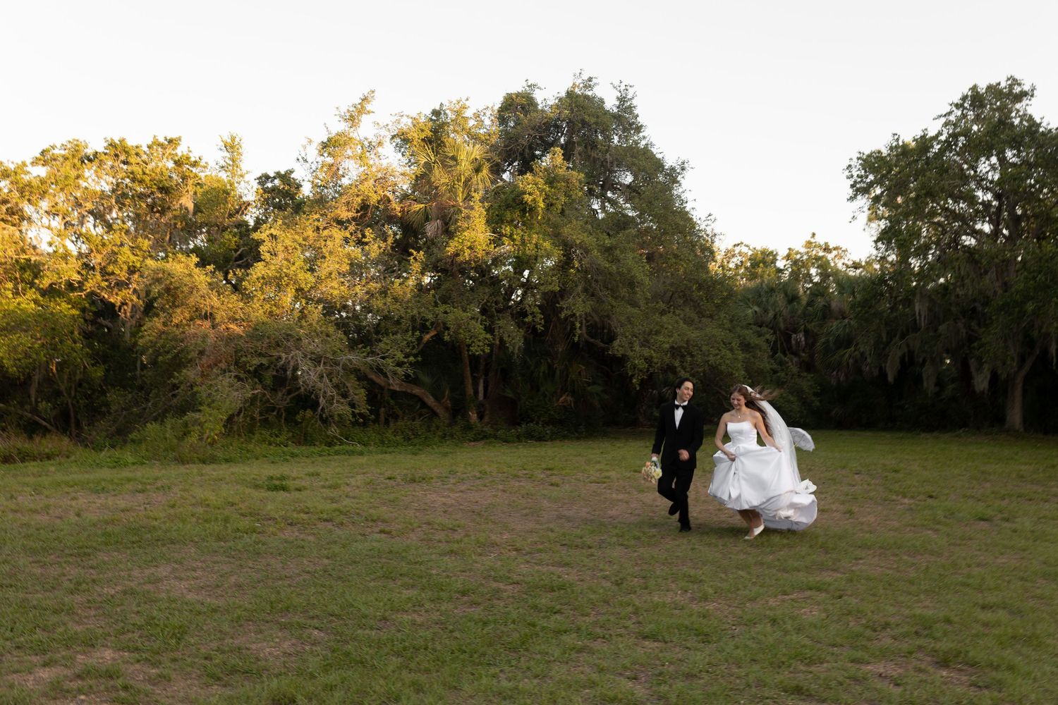 Bride and groom walking hand in hand across sunlit green field surrounded by Spanish moss trees.