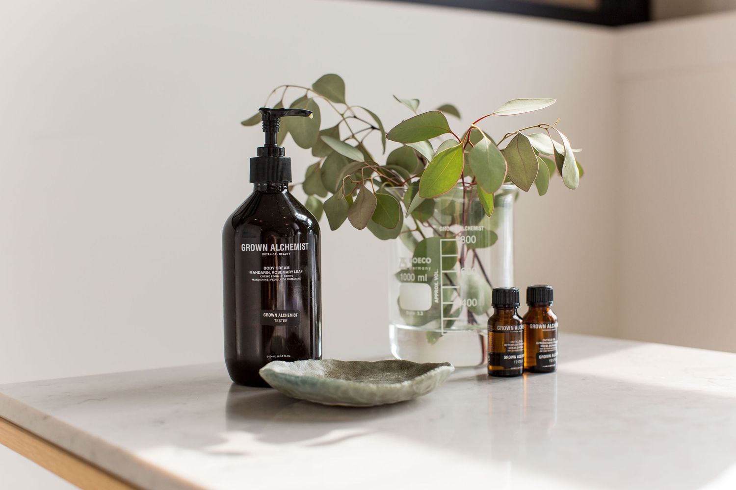 Modern bathroom vanity with minimalist black dispensers, essential oils, and green plant decor against white walls.