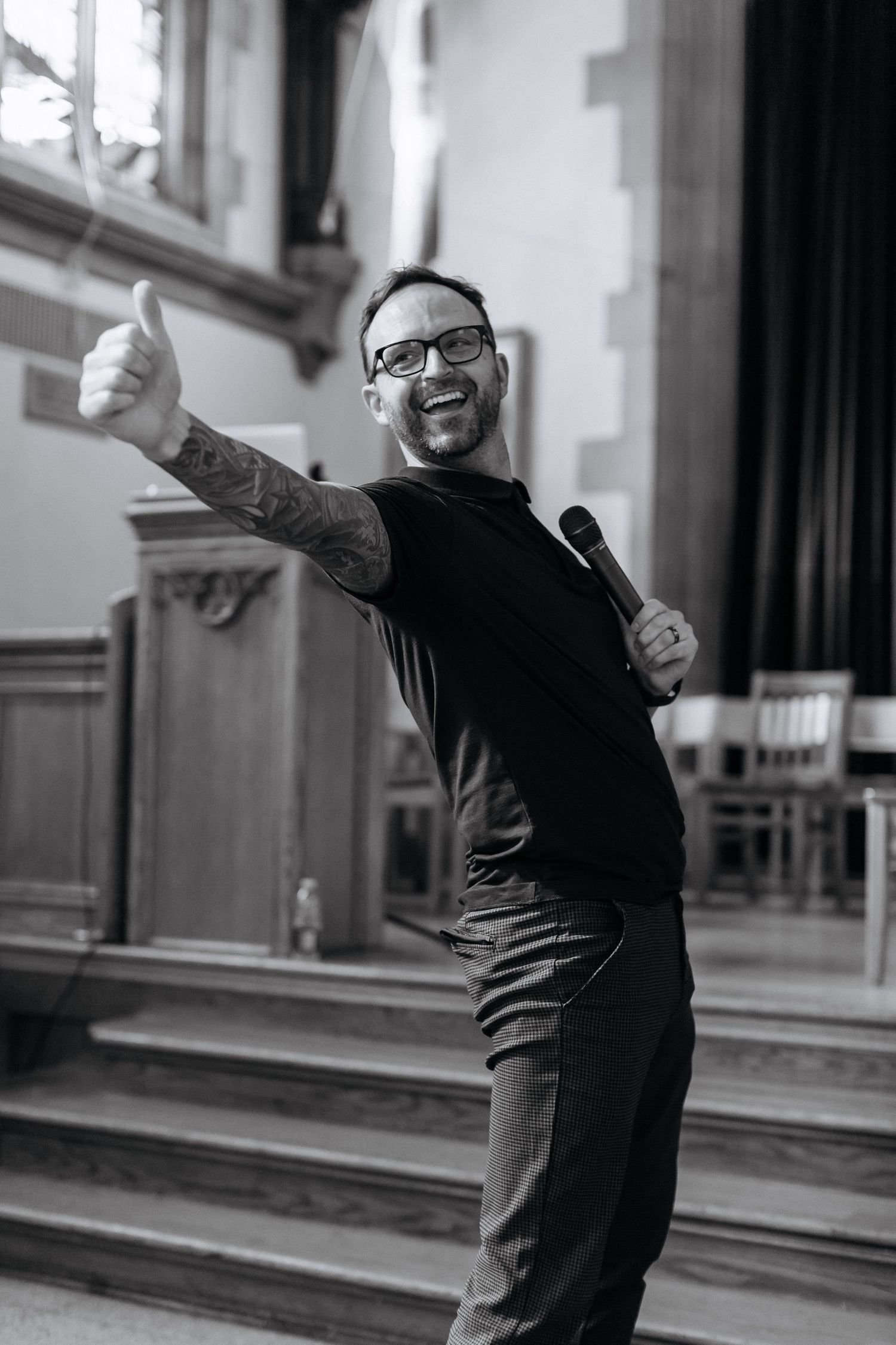 Black and white photos showing dynamic poses against church interior backdrop.