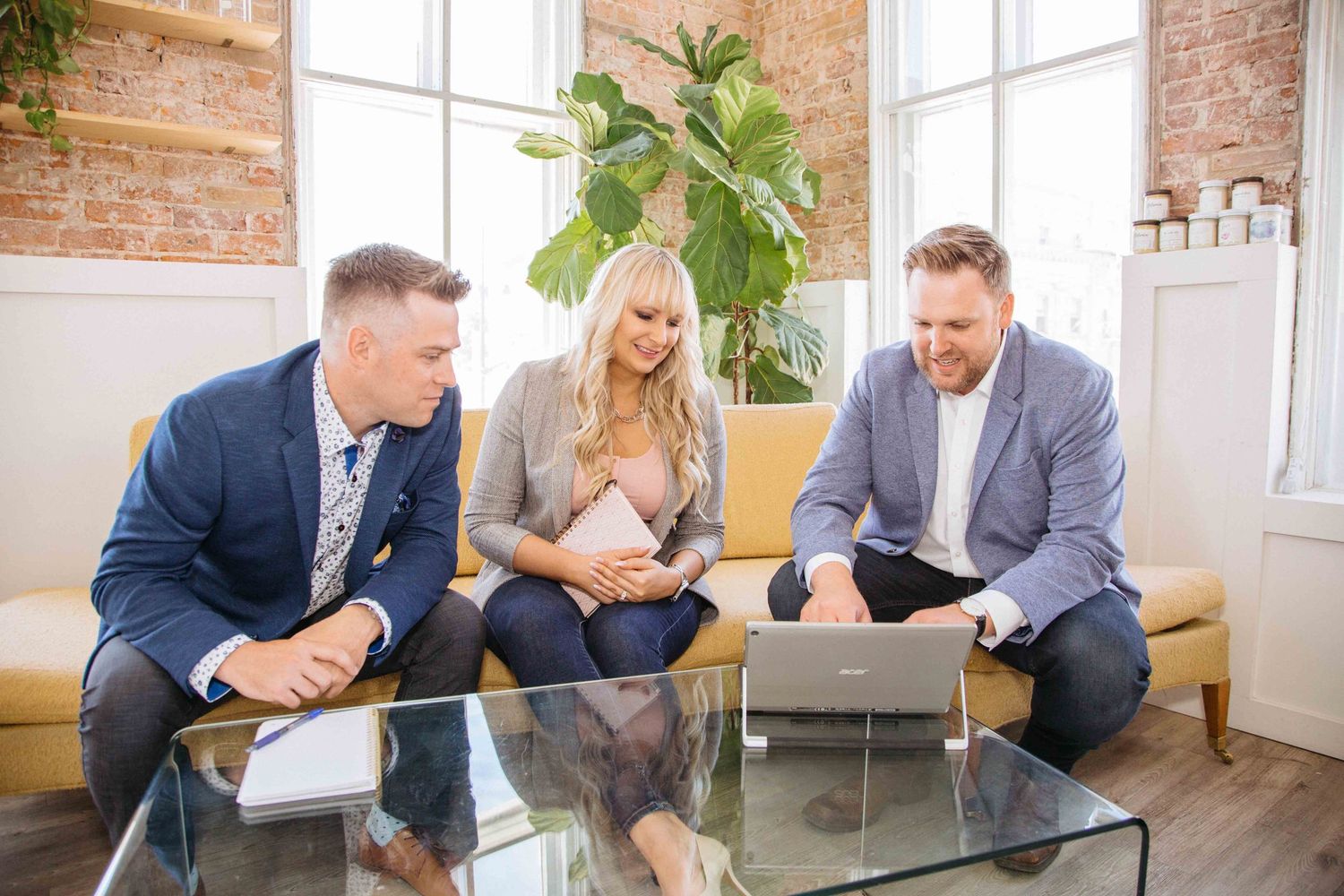 Business meeting in modern office with exposed brick walls and large fiddle leaf fig plant.