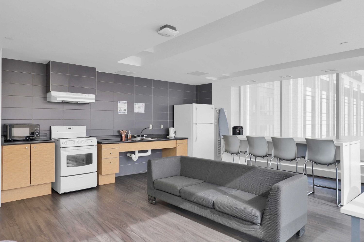 Modern apartment interior with gray walls, hardwood floors, and minimalist furnishings in an open concept layout.