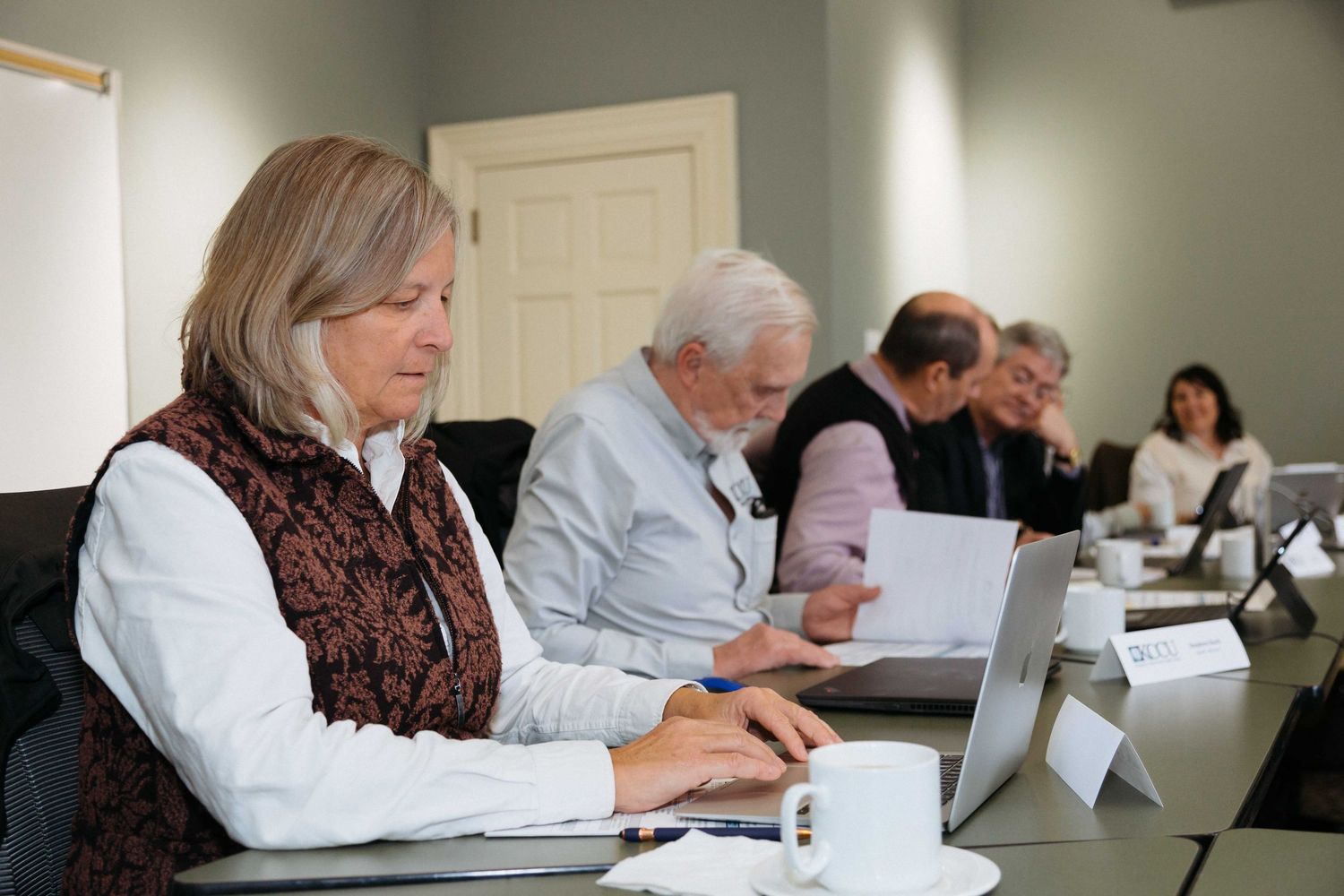 Business meeting with professionals working on laptops around a conference table.