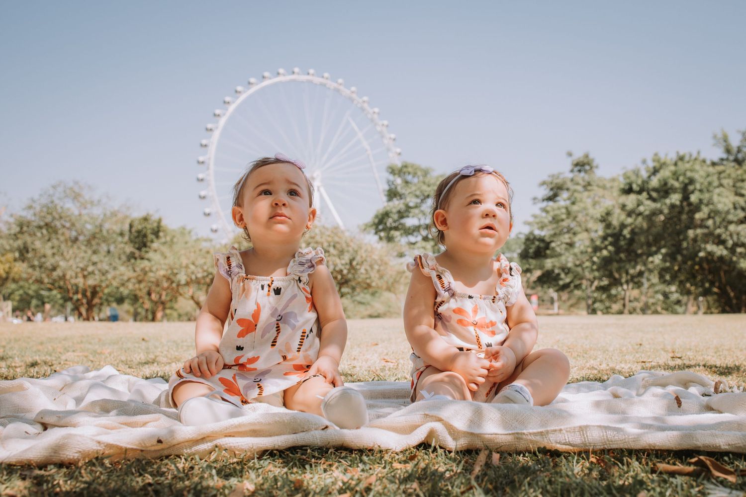 Two children sitting on a white blanket outdoors with a ferris wheel in the distance.