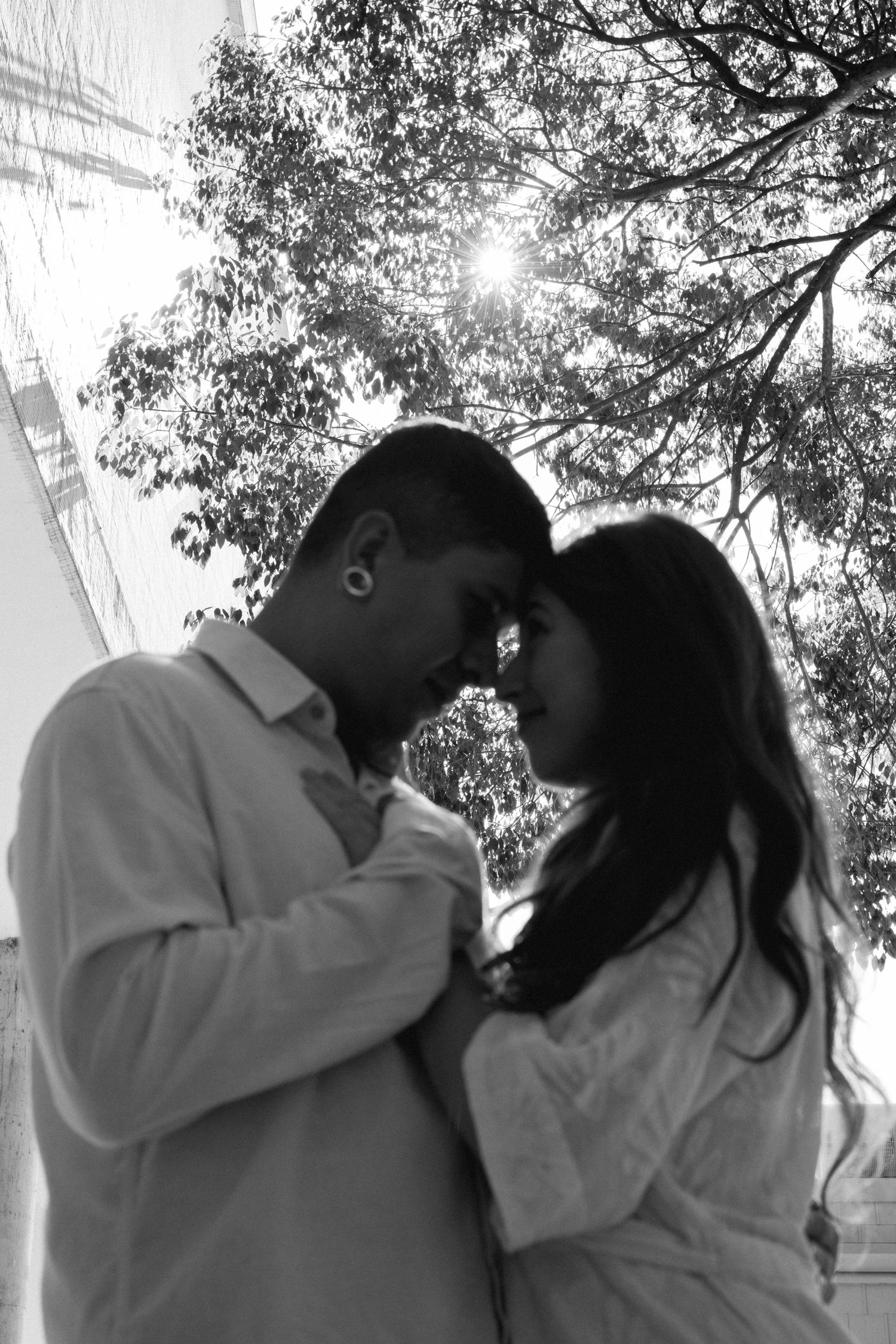 Black and white photo of a romantic couple touching foreheads tenderly under a sunlit tree.