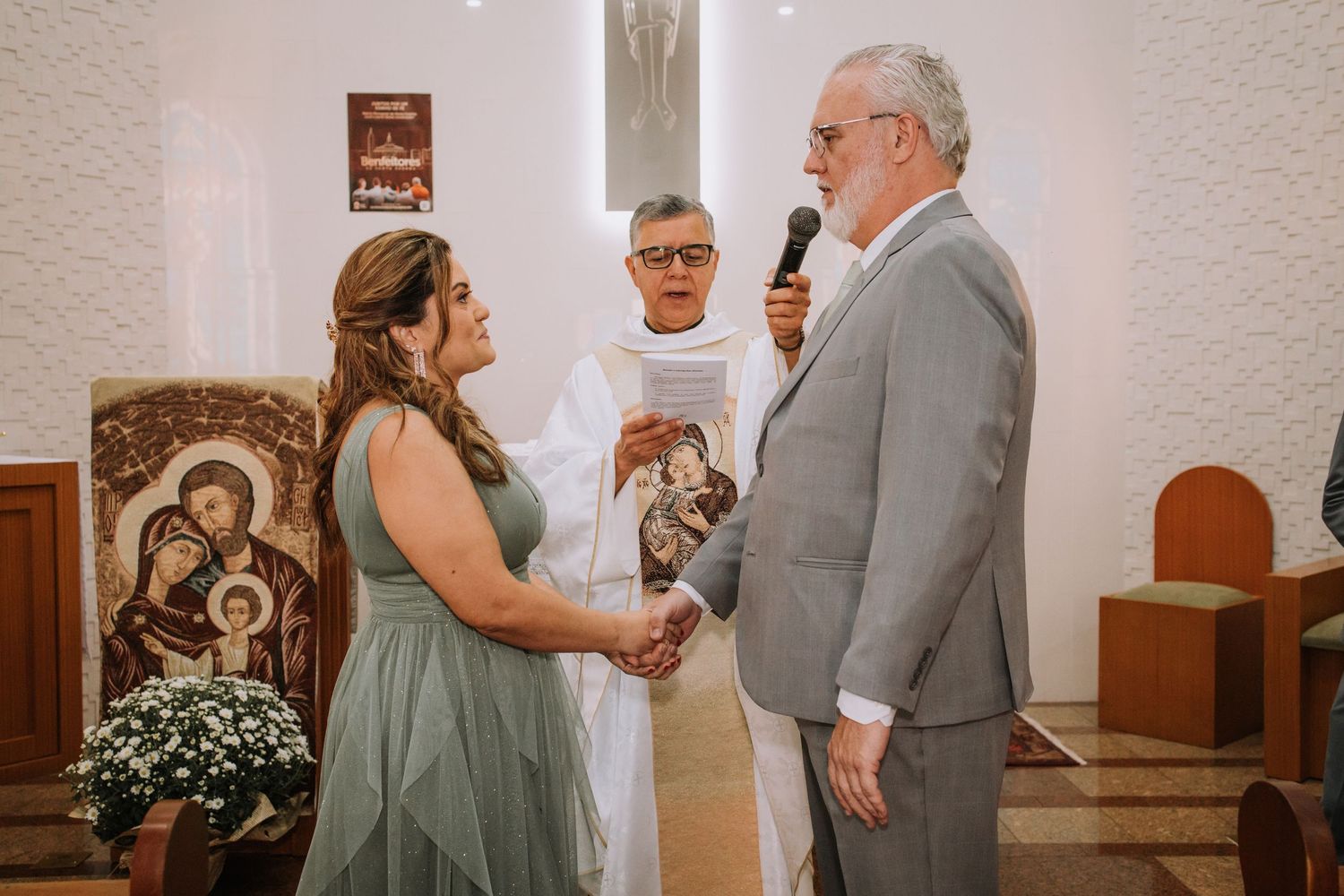 A series of wedding ceremony moments captured in a warm-toned church setting with vintage decor and floral arrangements.