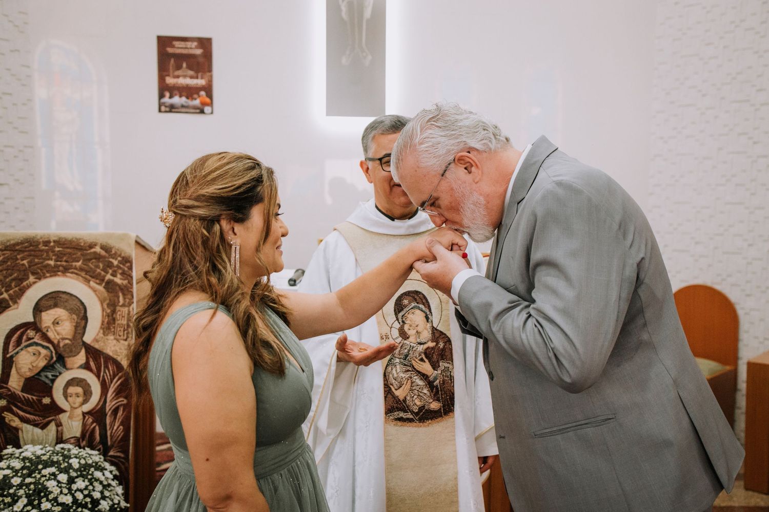 A series of emotional moments between family members during what appears to be a wedding ceremony in a church setting.