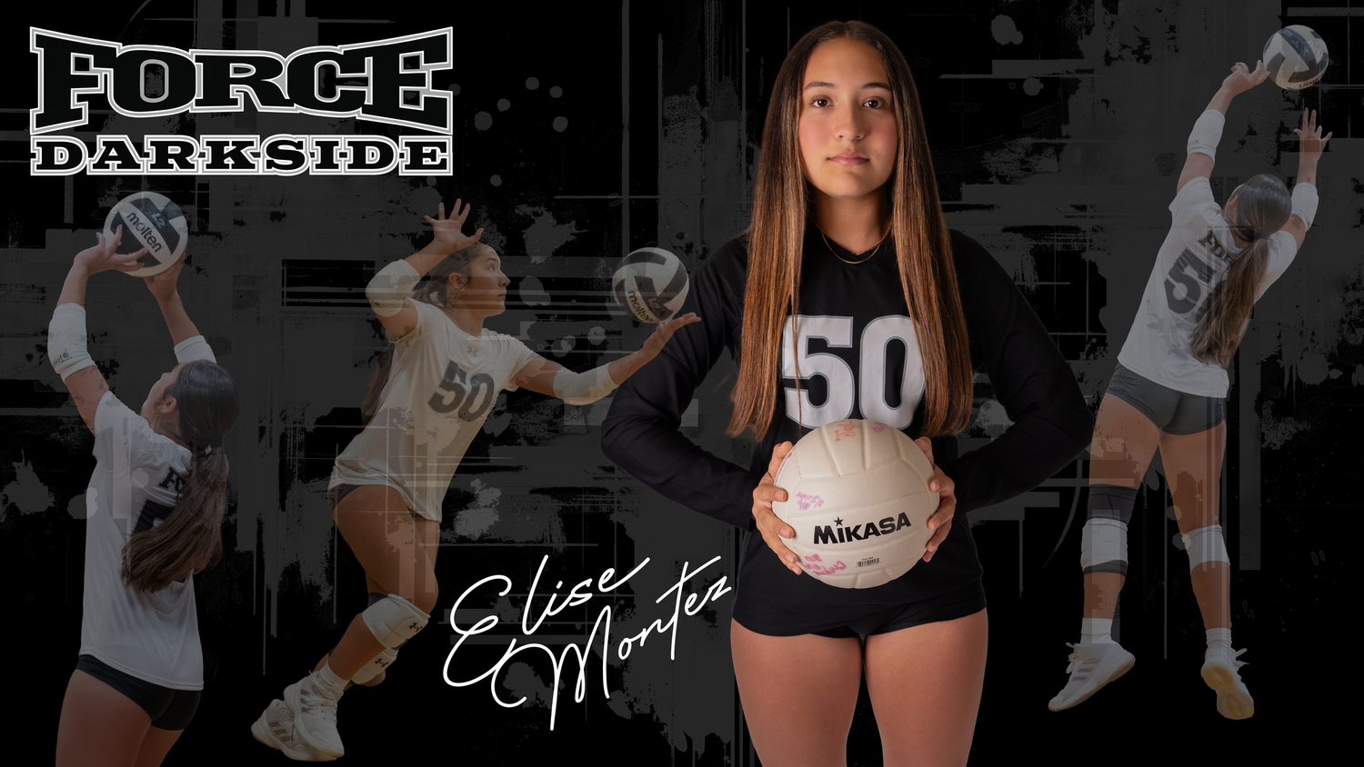 Dark sports-themed banner design featuring Force volleyball team branding and action silhouettes.