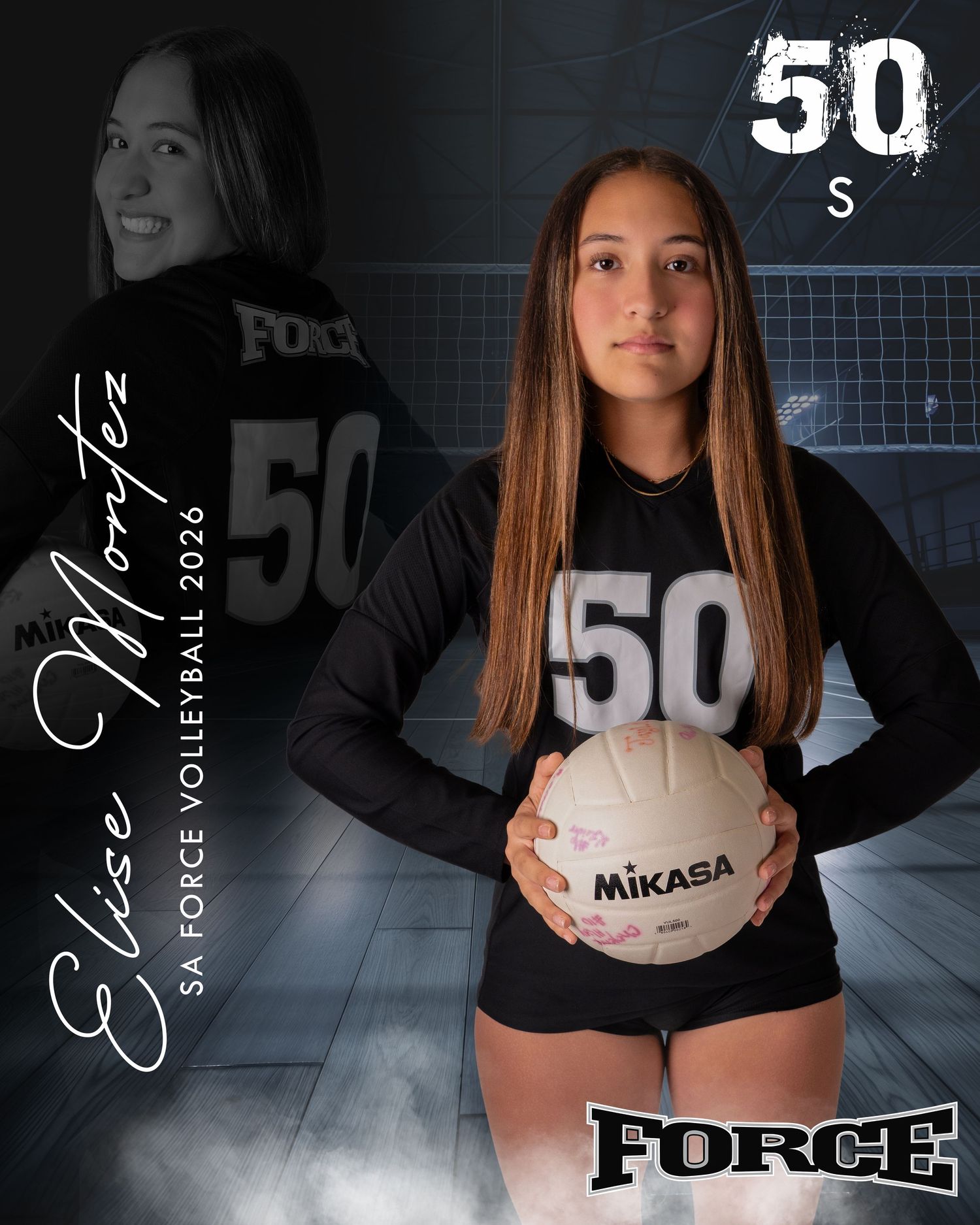 Dramatic sports portrait with volleyball player holding Mikasa ball.