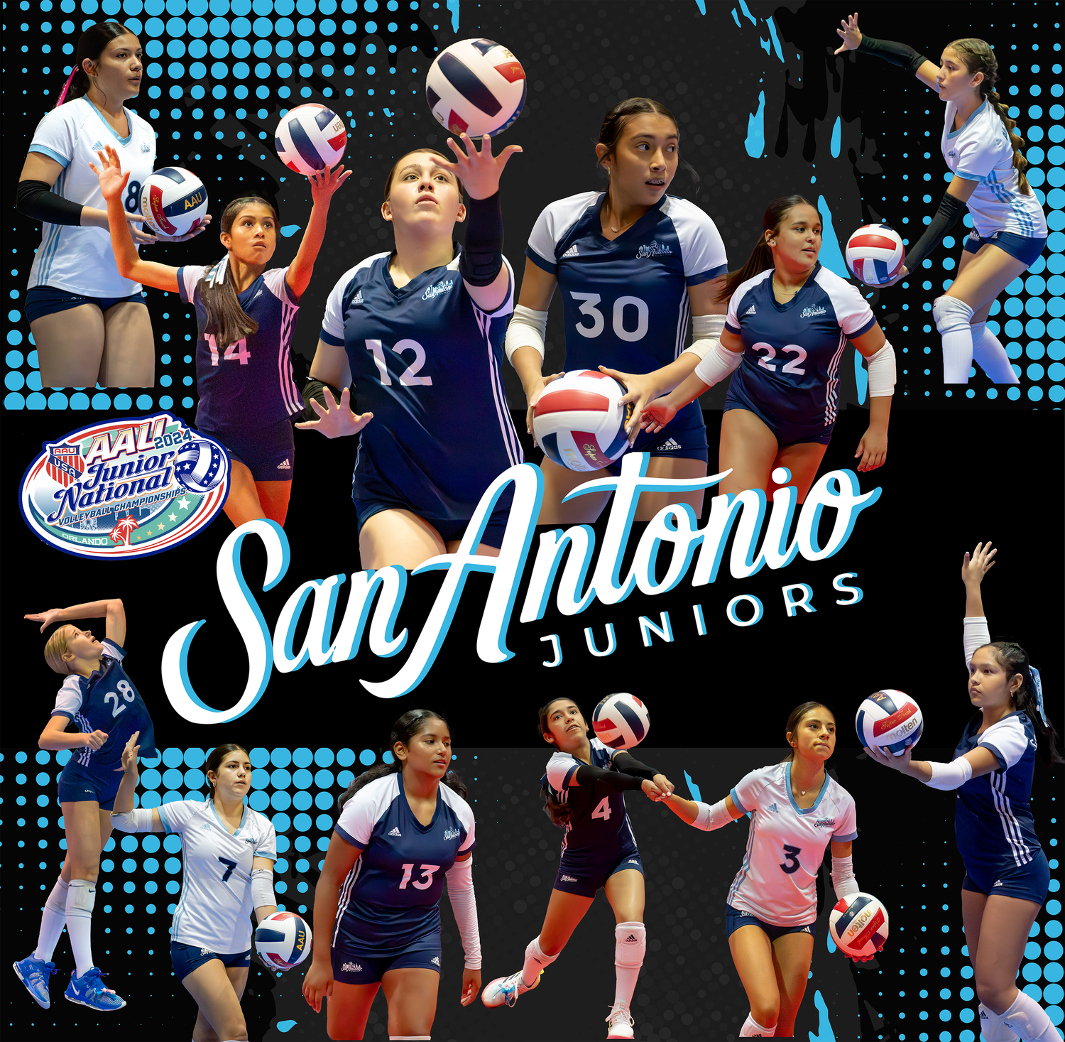 Volleyball team collage showing players in action during matches with San Antonio Juniors branding.