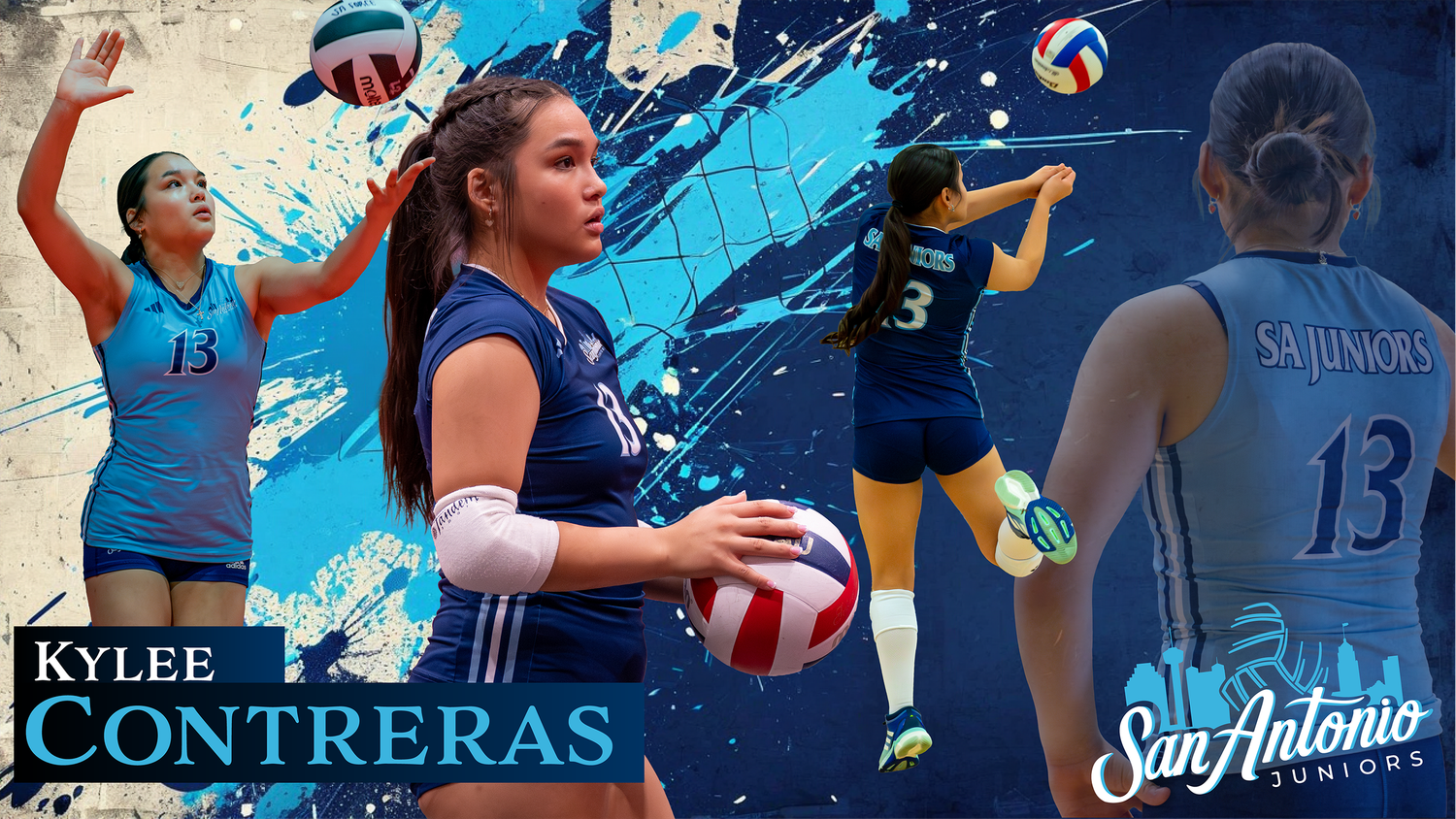 Volleyball players in action with dynamic blue splash graphics and team branding.