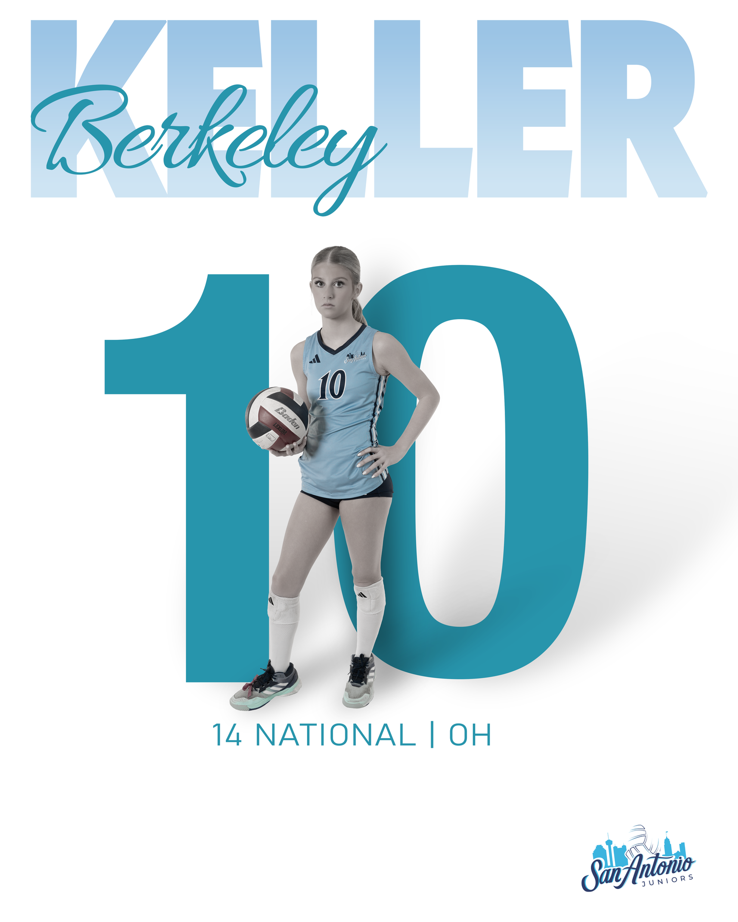 Female volleyball player in white uniform strikes athletic pose against blue background with Berkeley text overlay.
