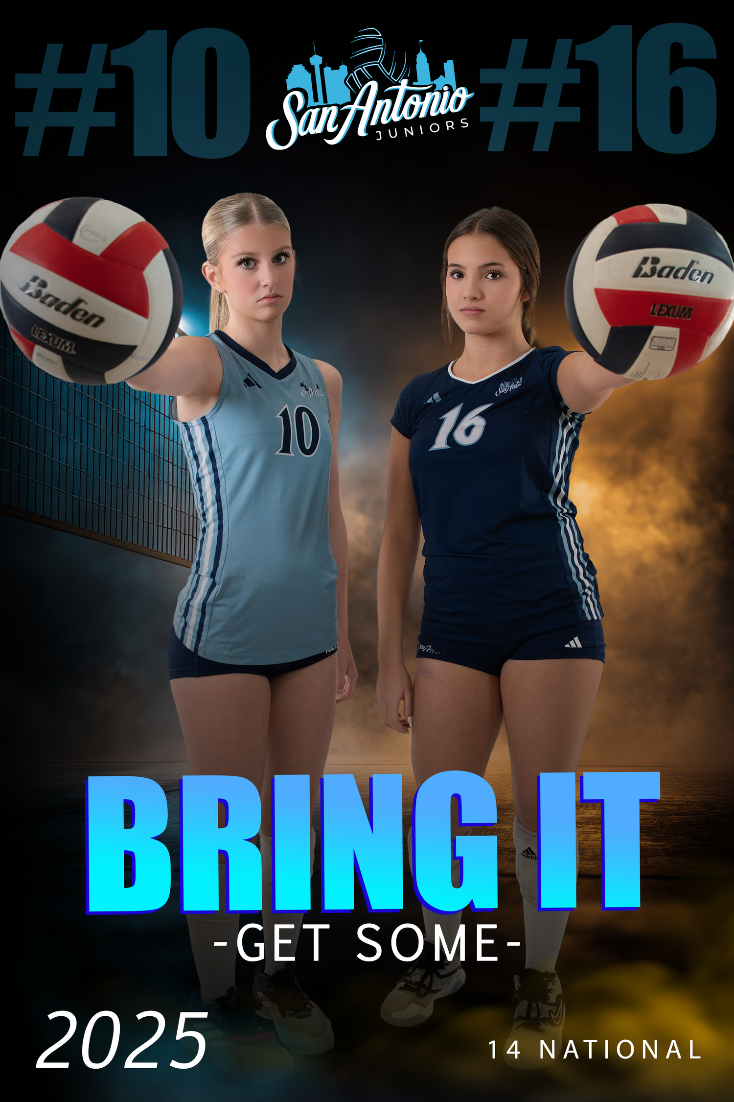 Volleyball team promotional banner with 'Bring It' text and player photos.