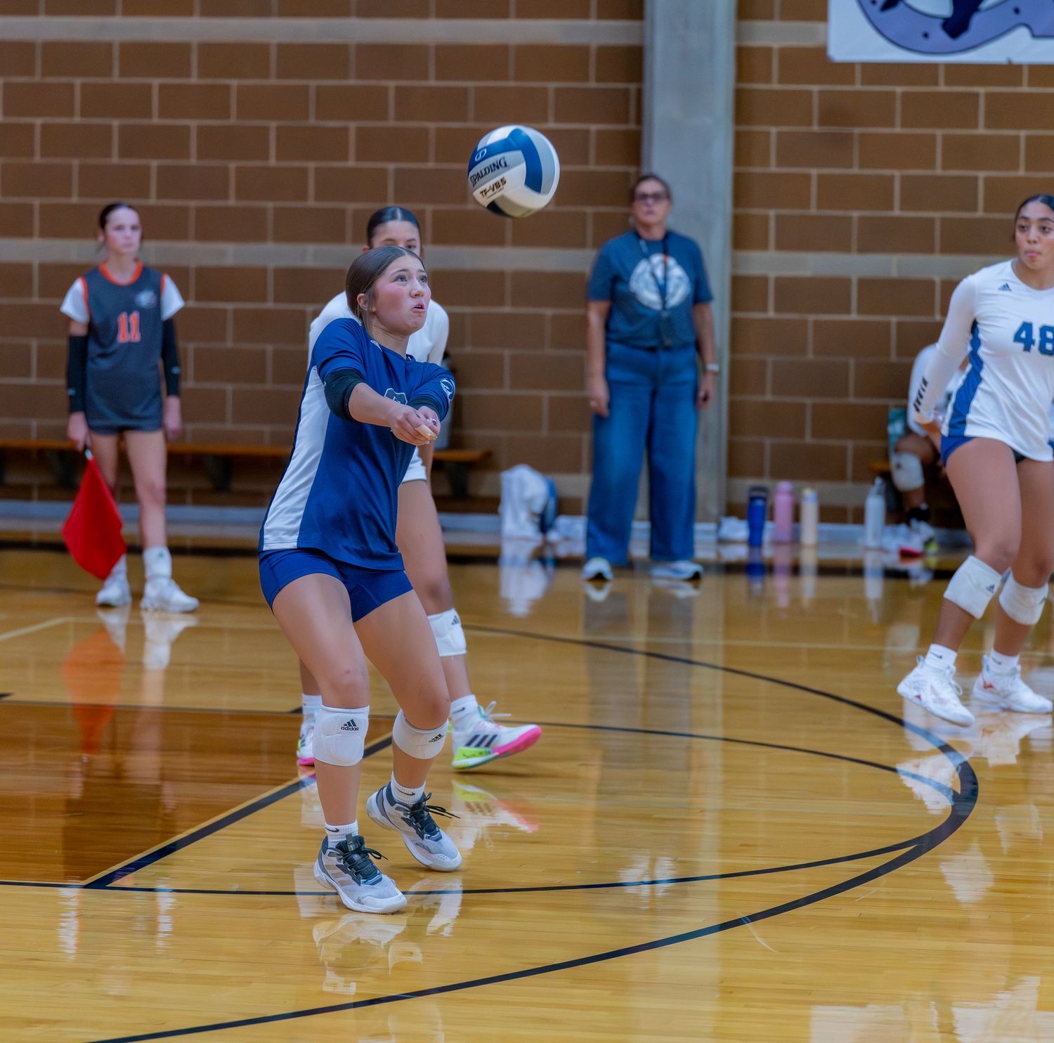 Volleyball player in blue uniform prepares to receive the ball during indoor match.