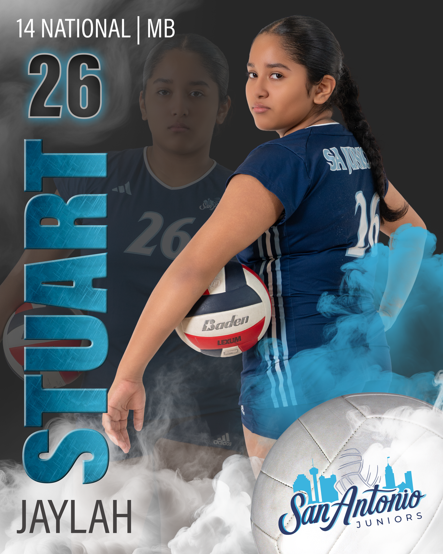Sports banner design for San Antonio Juniors volleyball team player in blue tones.